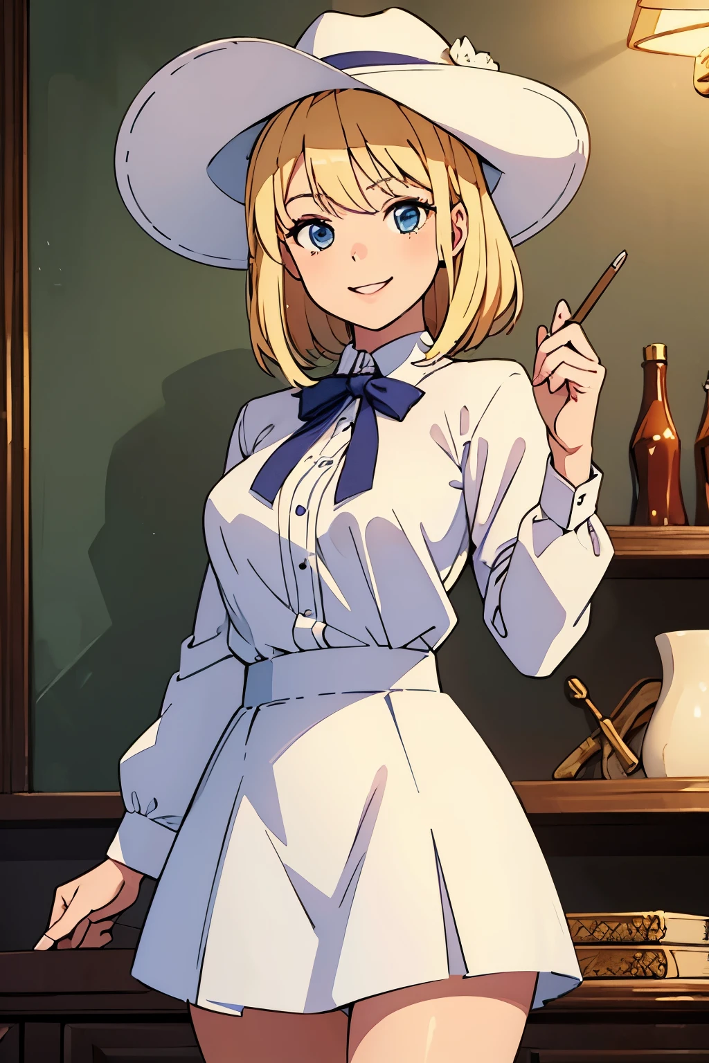 (Best quality:1.1), (Masterpiece:1.4), (Illustration fantastique:1.2), 1fille, cute girl, cowgirl, White shirt, short skirt, Blond hair, cowboy hat, Wide smile, cowboy