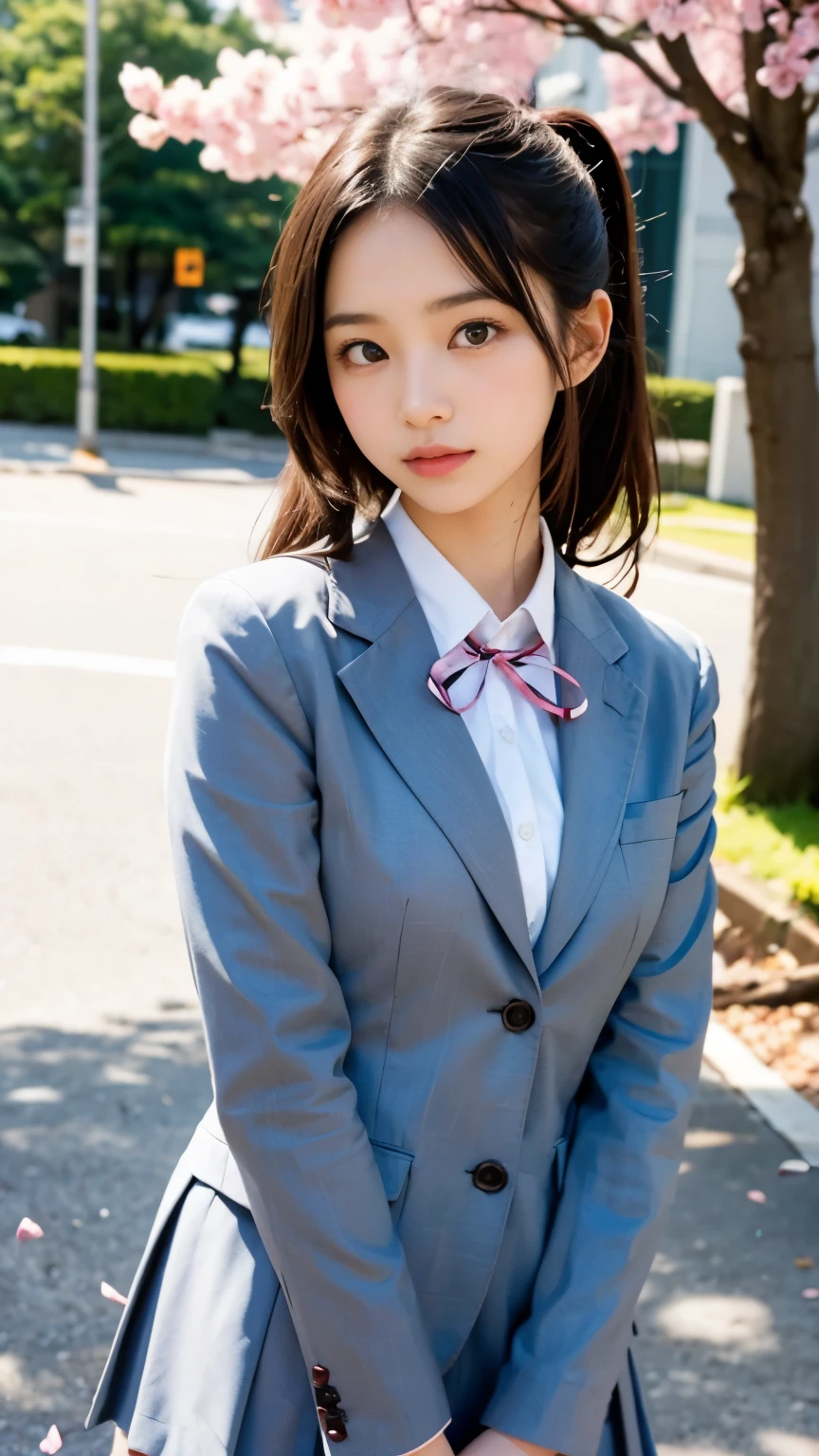 graduation ceremony、high school uniform、blazer、ribbon、Full bloom cherry blossoms、Cherry blossom confetti、perfect proportions、small ass、Look at the viewer, (highest quality,8K,nffsw:1.2),(cute日本の女の子),(masterpiece、highest quality) 、For clear images、absolutely amazing images, really beautiful、masterpiece, highest quality,photograph, cute、ta、(big breasts:1.2)、((20 year old woman:1.2))、adorable japanese face, ponytail、soft portrait shot,8K