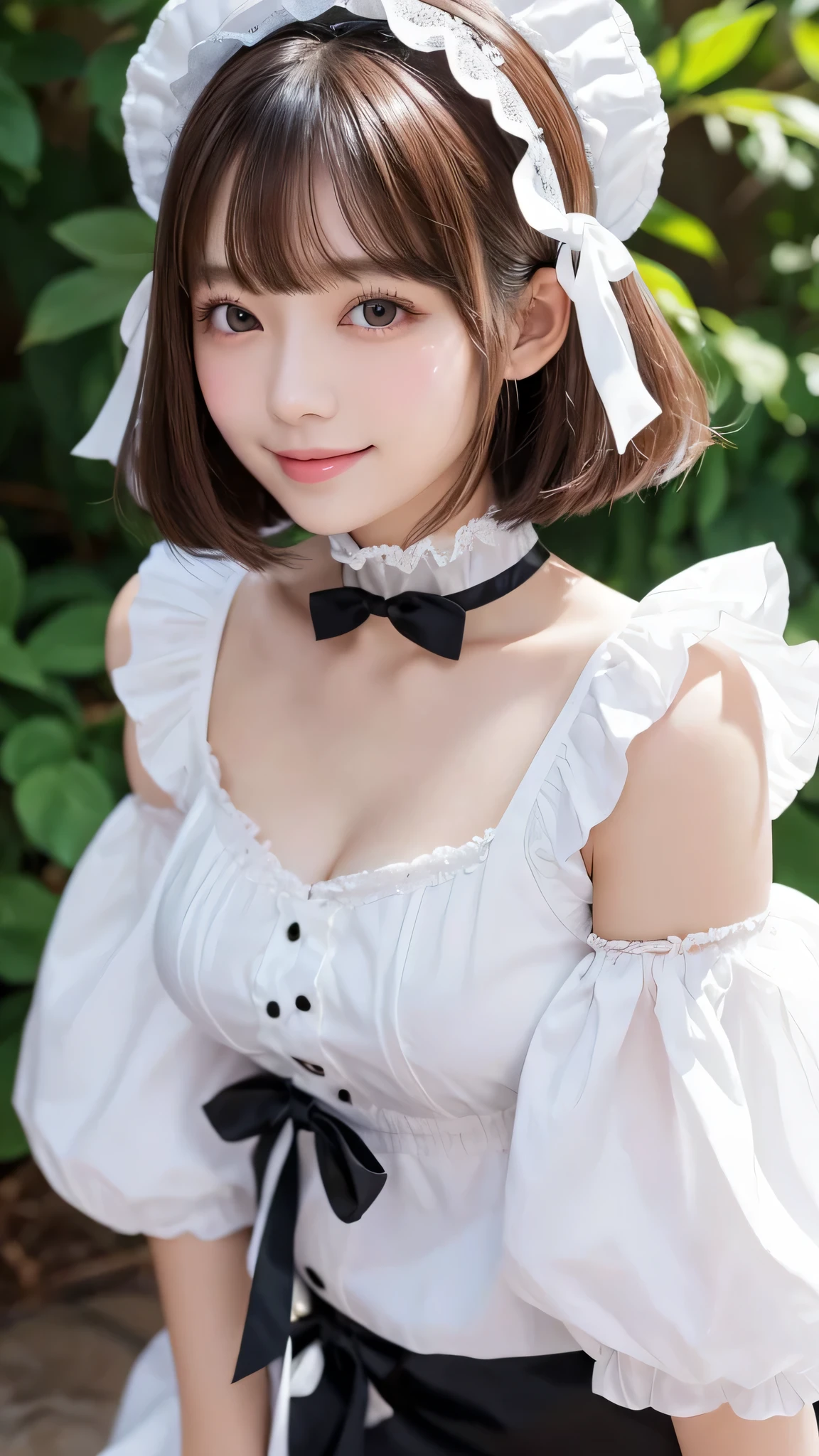 Beautiful white and shining skin、Chestnut hair that changes depending on the light、Long bangs between the eyes that obstruct the view、Cheek gloss highlights、Sexy and very beautiful nice gorgeous face、the most beautiful face in the world、short bob、Smooth straight hair、medium breasts、beautiful breasts、cleavage、Big and bright eyes、beautiful bangs、Beautiful and beautiful woman、small face beauty、natural smile、headdress、white blouse、black ribbon、puff sleeves、collar、choker、white apron with fine frills、black maid costume、Upper body、