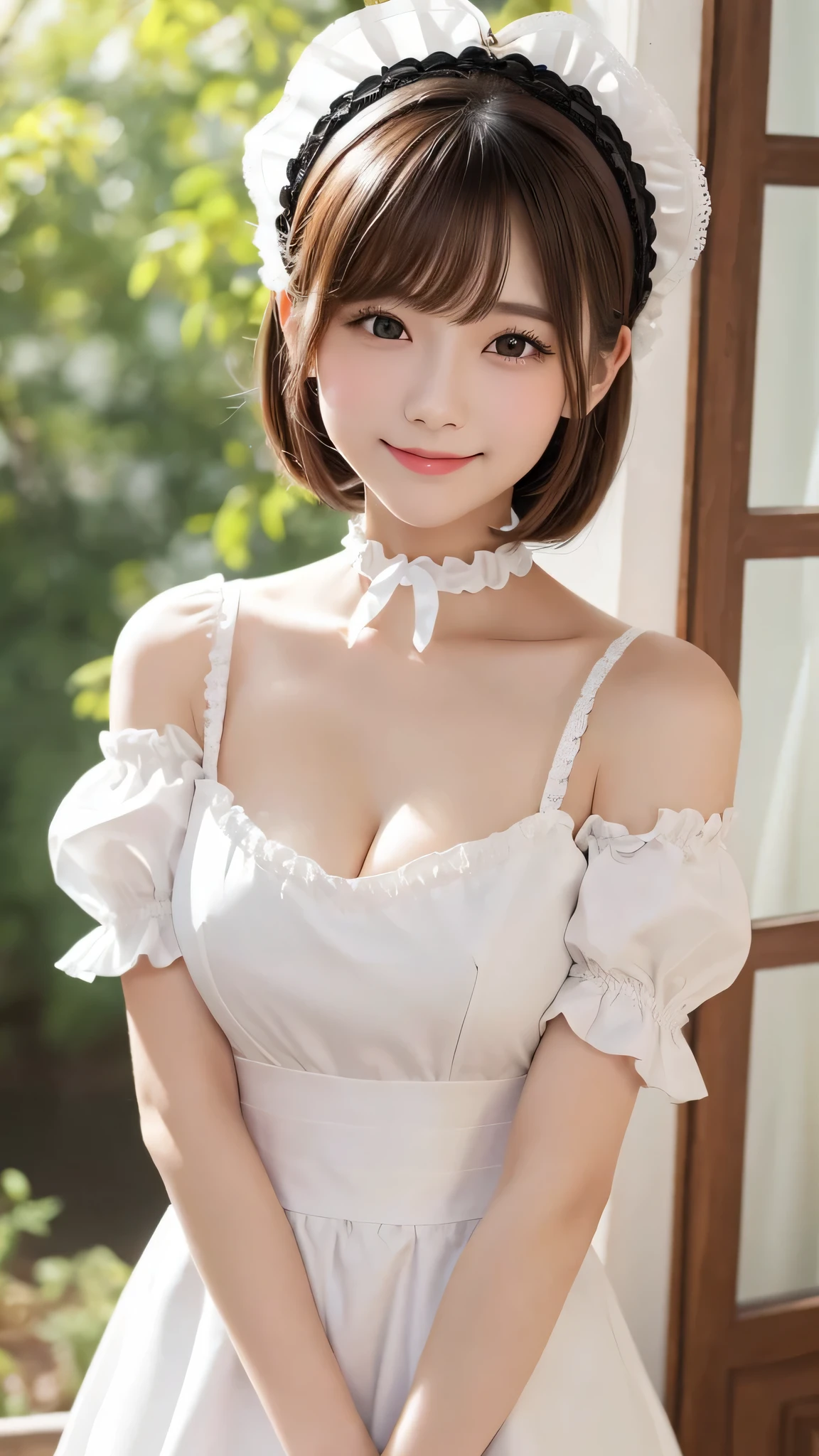 Beautiful white and shining skin、Chestnut hair that changes depending on the light、Long bangs between the eyes that obstruct the view、Cheek gloss highlights、Sexy and very beautiful nice gorgeous face、the most beautiful face in the world、short bob、Smooth straight hair、medium breasts、beautiful breasts、cleavage、Big and bright eyes、beautiful bangs、Beautiful and beautiful woman、small face beauty、natural smile、headdress、white blouse、black ribbon、puff sleeves、collar、choker、white apron with fine frills、black maid costume、Upper body、
