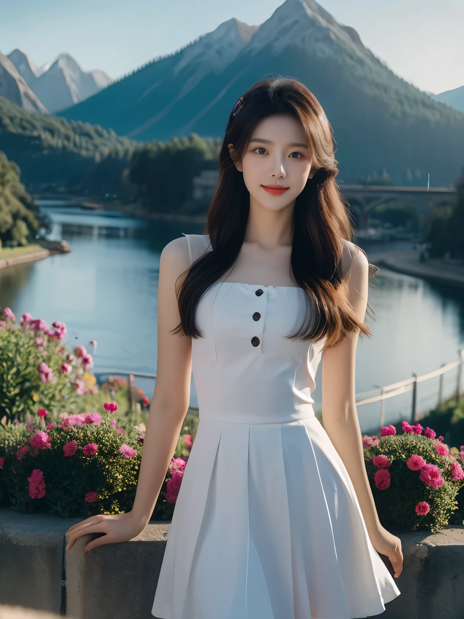 best quality,HDR,UHD,8K,Vivid Colors,solo,photo_,(1girl:1.3),(standing:1.3),sun,(sunshine:1.2),(looking at viewer:1.4),Elegant,detailed gorgeous face,(mountain background:1.3),river,(cowboy shot:1.4),rc,dress,