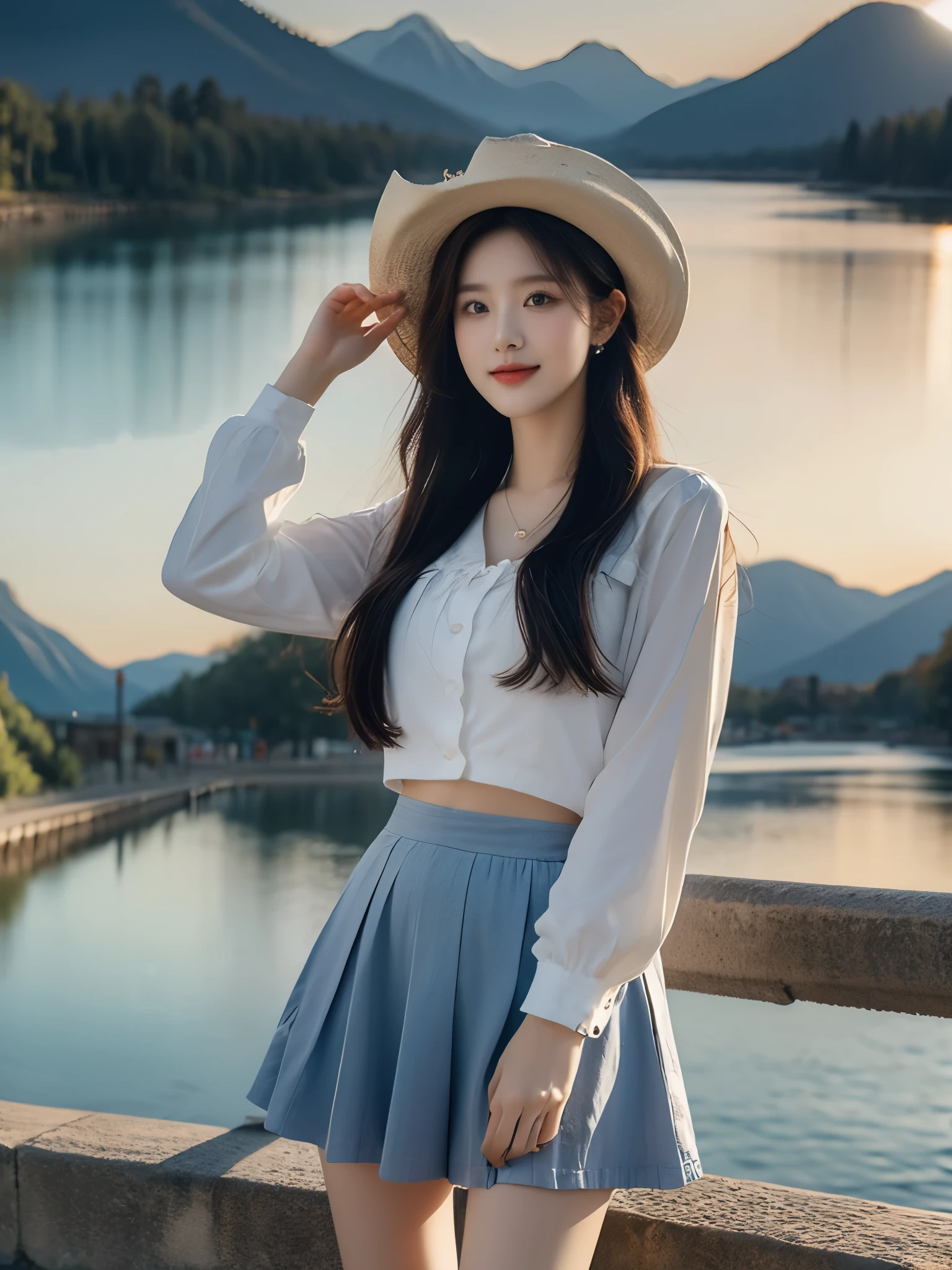 best quality,HDR,UHD,8K,Vivid Colors,solo,photo_,(1girl:1.3),(standing:1.3),sun,(sunshine:1.2),(looking at viewer:1.4),Elegant,detailed gorgeous face,(mountain background:1.3),river,(cowboy shot:1.4),rc,dress,