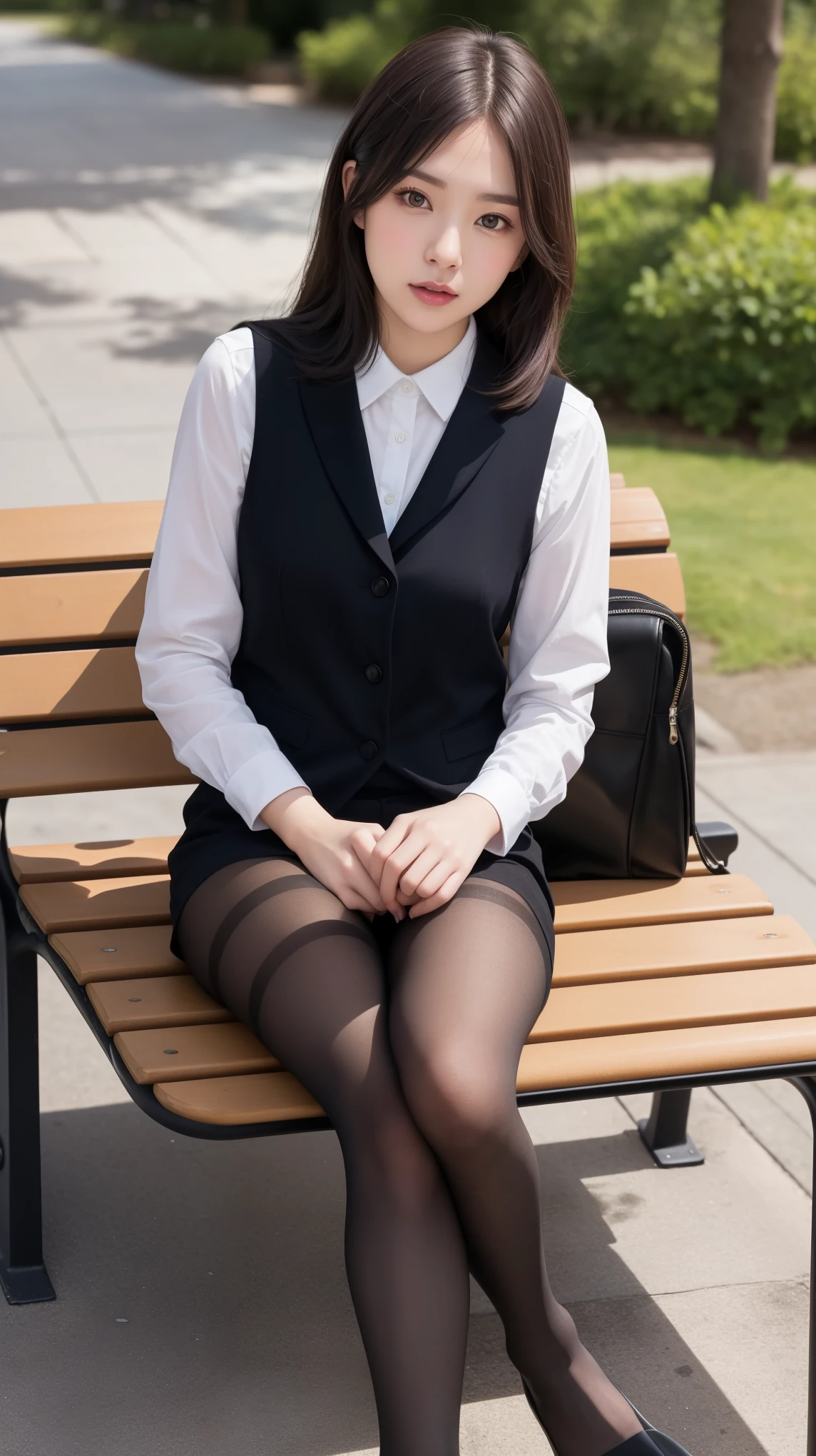 ulzzang-6500-v1.1, (RAW photo:1.2), (Photoreal), (muste piece), (genuine:1.4), 1girl、perfect anatomy、48 years old、look at the camera、medium long hair、plaid vest、((sitting on the bench:1.3))、(Super realistic black sheer pantyhose:1.2), (high heels)、(business services)、