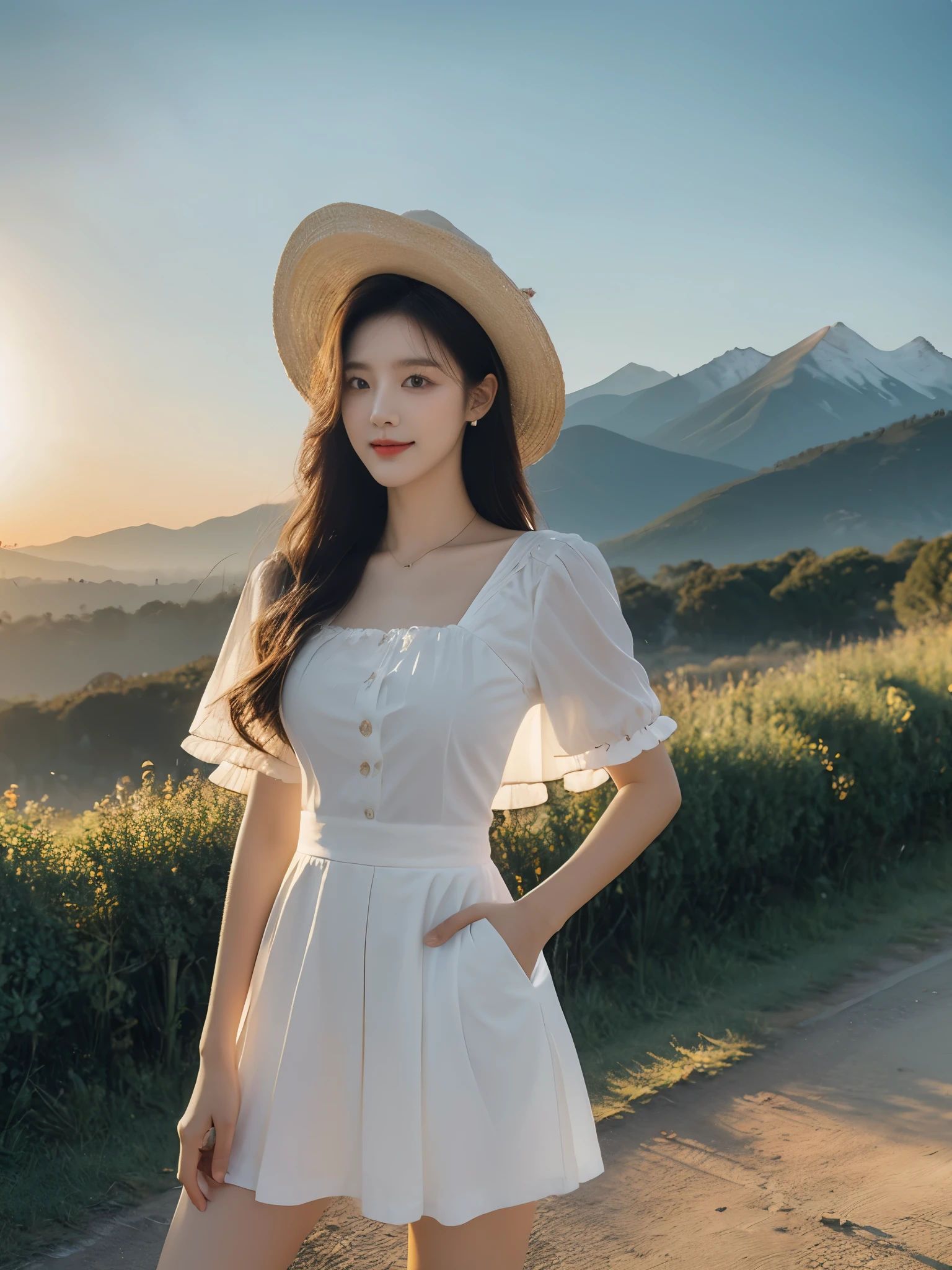 best quality,HDR,UHD,8K,Vivid Colors,solo,photo_,(1girl:1.3),(standing:1.3),sun,(sunshine:1.2),(looking at viewer:1.4),Elegant,detailed gorgeous face,(mountain background:1.3),river,(cowboy shot:1.4),rc,dress,