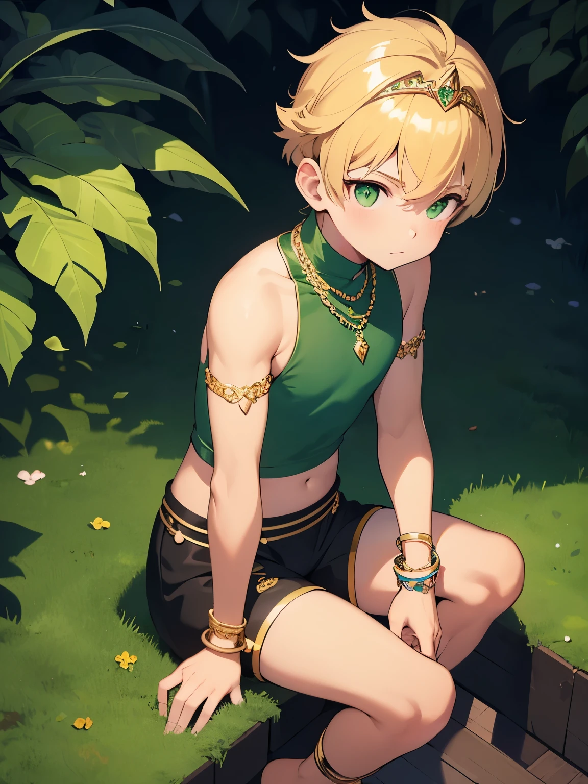 Boy in green sleeveless turtleneck shirt Wear black shorts Wear a gold tiara Wear a green diamond necklace Wear gold bracelets and gold anklets. and gold and green diamond jewelry Wear a green robe