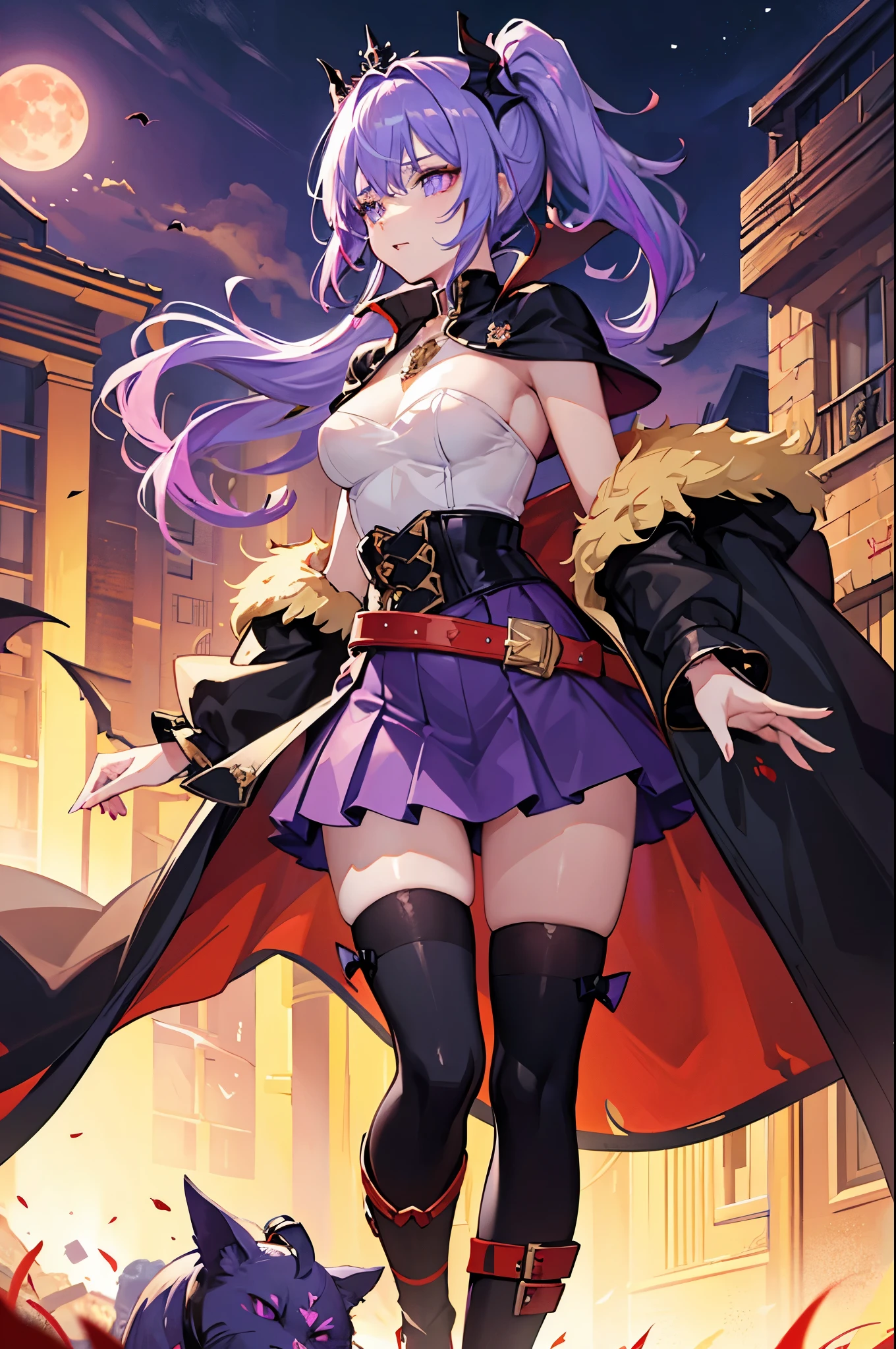 vampire queen, perfect body shape, small breast, battle skirt, (royal cape:1.1), main color is matte black, secondary color is purple, sexy and devil aura, original character, masterpieces, seducing purple pupil, (multi color high pony tail 1:1.2), walking under blood moon and middle of the destroyed city street, purple gem accessories, golden belt, golden necklace, windy and evil effect, soft moon light focus, corruption, extremely delicate and beautiful eyes, messy bang, unique crown
