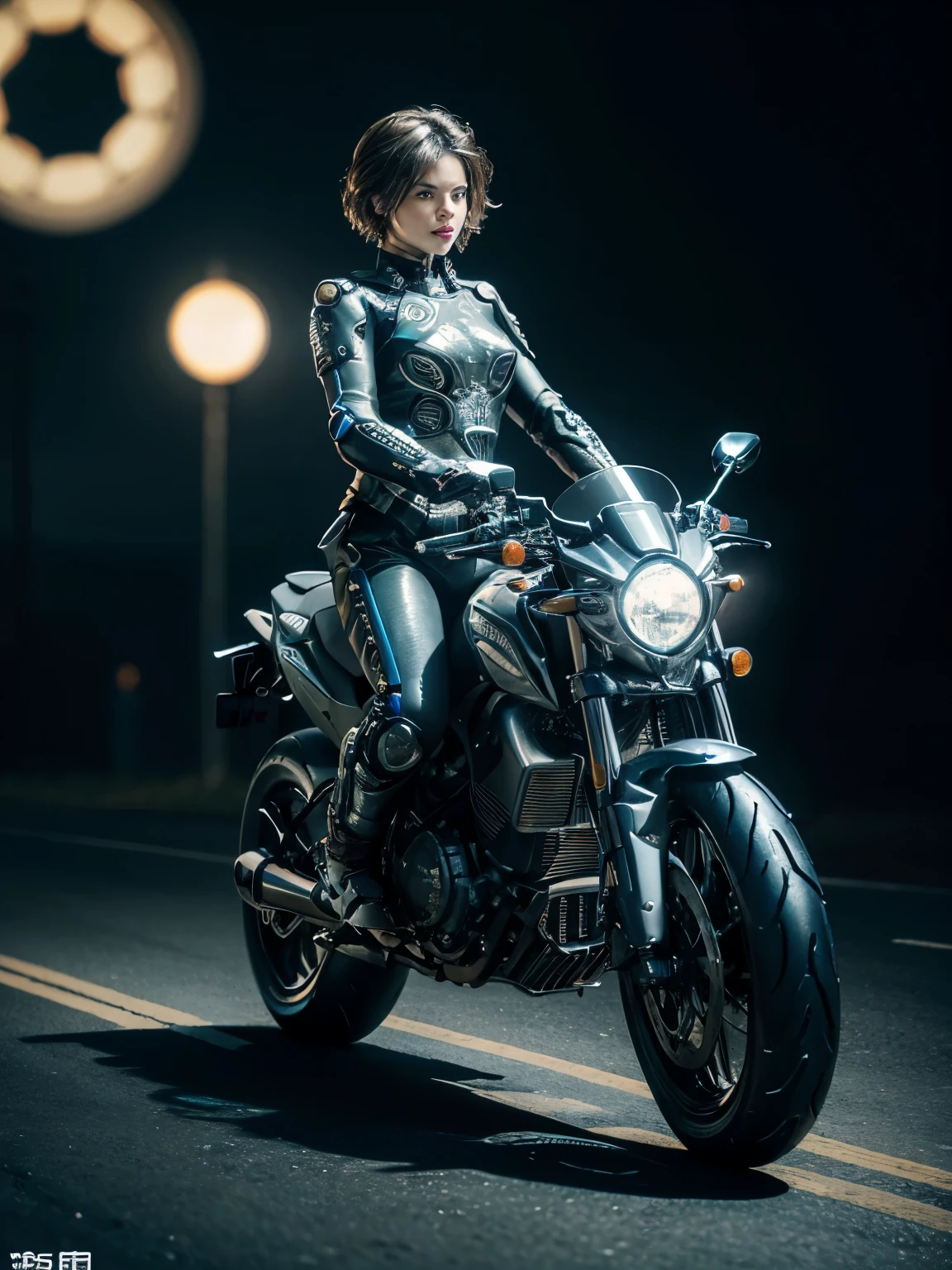 (((A woman with a mechanized body))), dynamic podium: 1.3), (realistic:1.5), (realistic:1.4), 8k, Super detailed beautiful girl, 1 girl, (a sunny day:1.5), intricate body details, (short: 1.3), (highest quality: 1.0), (Super high sharpness: 1.0), (thin hair:1.4),（Beautiful and delicate depiction of eyes）,(((((ride a motorcycle))))),unreal engine:1.4,photorealistic:1.4, skin texture:1.4, masterpiece:1.8,highest quality at best,(Wearing the communication headset、future city、((cybernetics))、blue、metal fingers、long limbs、((gears in joints))、full body shot