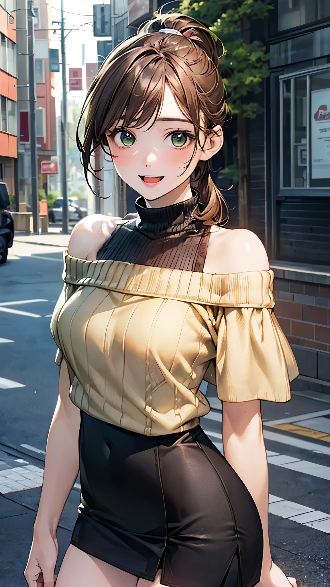 (masterpiece:1.2, top-quality), (realistic, photorealistic:1.4), beautiful illustration, (natural side lighting, movie lighting),
looking away, (face focus, upper body, from below), 1 girl, japanese, high school girl, 14 years old, perfect face, perfect body, cute and symmetrical face, shiny skin, babyface, tiny,
(short hair:1.5, (low ponytail):1.6, long sideburns, light brown hair), asymmetrical bangs, dark blue eyes, big eyes, drooping eyes, (middle breasts, seductive thighs, big ass),
beautiful hair, beautiful face, beautiful detailed eyes, beautiful clavicle, beautiful body, beautiful chest, beautiful thigh, beautiful legs, beautiful fingers,
(((off-shoulder light yellow green sweater), sleeveless black turtleneck sweater, brown tight mini skirt, ), emerald green hair ribbon),
(beautiful scenery), evening, (street), standing, (lovely smile, upper eyes, open mouth),