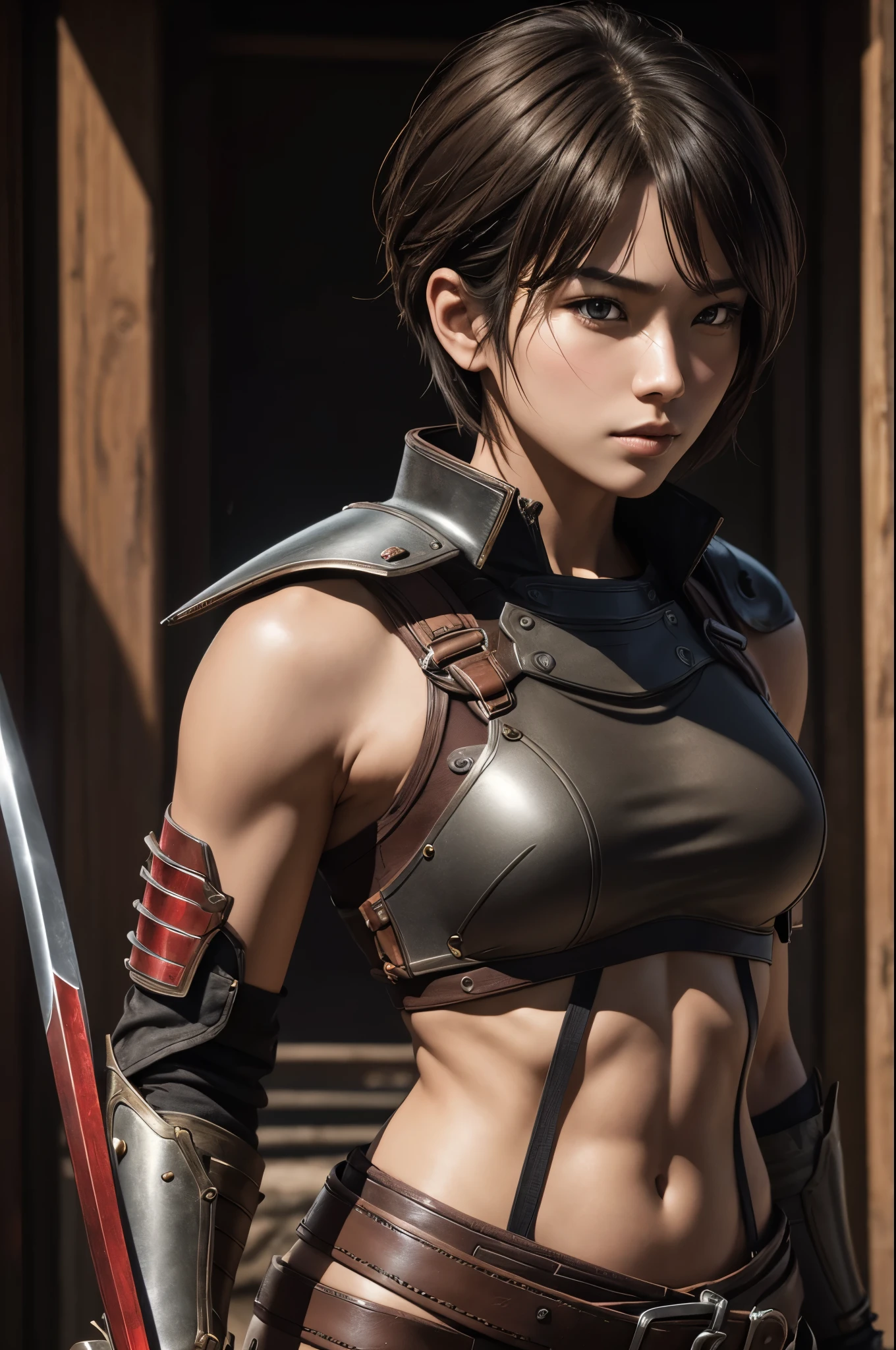 8k,adventure者の衣装,Travel through the dusty wilderness,light brown short cut hair,super beautifulな日本の女性, Red and black large chest chest armor,super beautiful(like the real thing),Stainless steel and black shoulder armor for the left shoulder,red and black combat pants,sexy,deviantart artstation cgscosiety, 3Dレンダリングcharacter art8 K, Alena Aenami and Artgerm, Wojtek Fuss, Trending in Artstation 8k, Trending with Art Station HD, Adventure ultra-realistic rendering, Perfect body with realistic shading, photorealistic perfect body, ultra high resolution,high quality,sexy,brown short hair,strongly cracked abdominal muscles,muscular slim body,muscular slender lower body,Close-up,masterpiece,最high qualityのフォトリアリスティックなRAW写真。bright colors,rich colors, Backlight, cinematic lighting, film grain, to be born, 50mm lens, Nikon D850,realistic skin,fantasy art,character art,sharp gaze,adventure,Holds a long and large Japanese sword,brown combat jacket,red and black gauntlet,