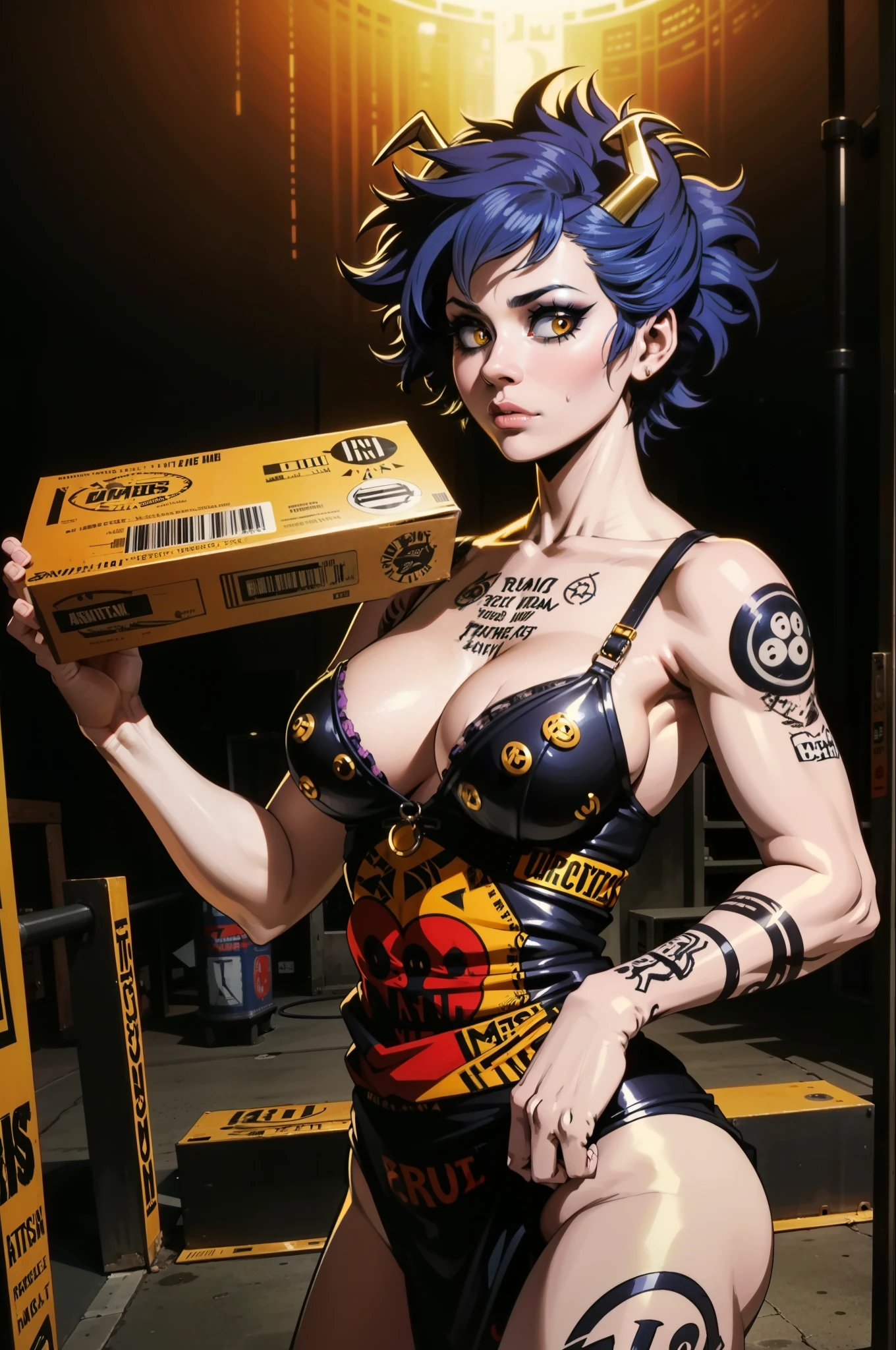(masterpiece:1.2, best quality), (real picture, intricate details), (1lady, solo, curvy upper body, big ) The clothes are gold ar:avant-garde,avant-garde,Experiment with appearance:curlies,Dramatic makeup,Unconventional fashion choice behavior:rebelliousness、non-conformist、Provocation location:demon eyes,urban art district、Underground music venues Hobbies:Particiwpation in punk shows、creating mixed media art、Try different subcultural values:individuality、Realiy、Creative expression of inspiration:Punk rock music、Counterculture icons,Avant-garde art movement character traits:boldness、boldness、act outside the box。with a raven