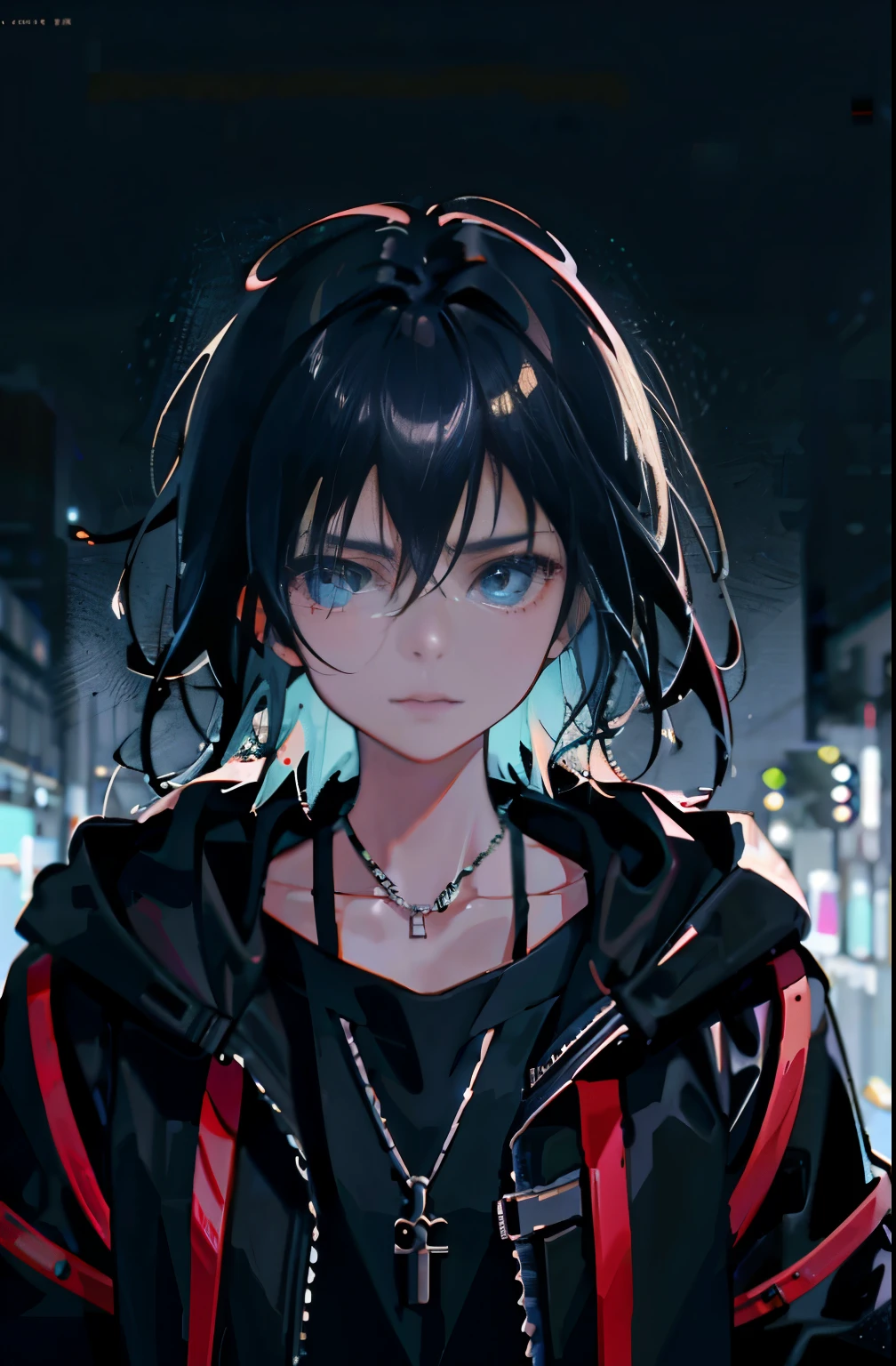 1girl, jacket, rain, outdoor, hoodie, open jacket, chain, backpack, looking at another, messy hair, trending on artstation, 8k resolution, highly detailed, anatomically correct, sharp image, digital painting, concept art, trending on pixiv, style of makoto shinkai,