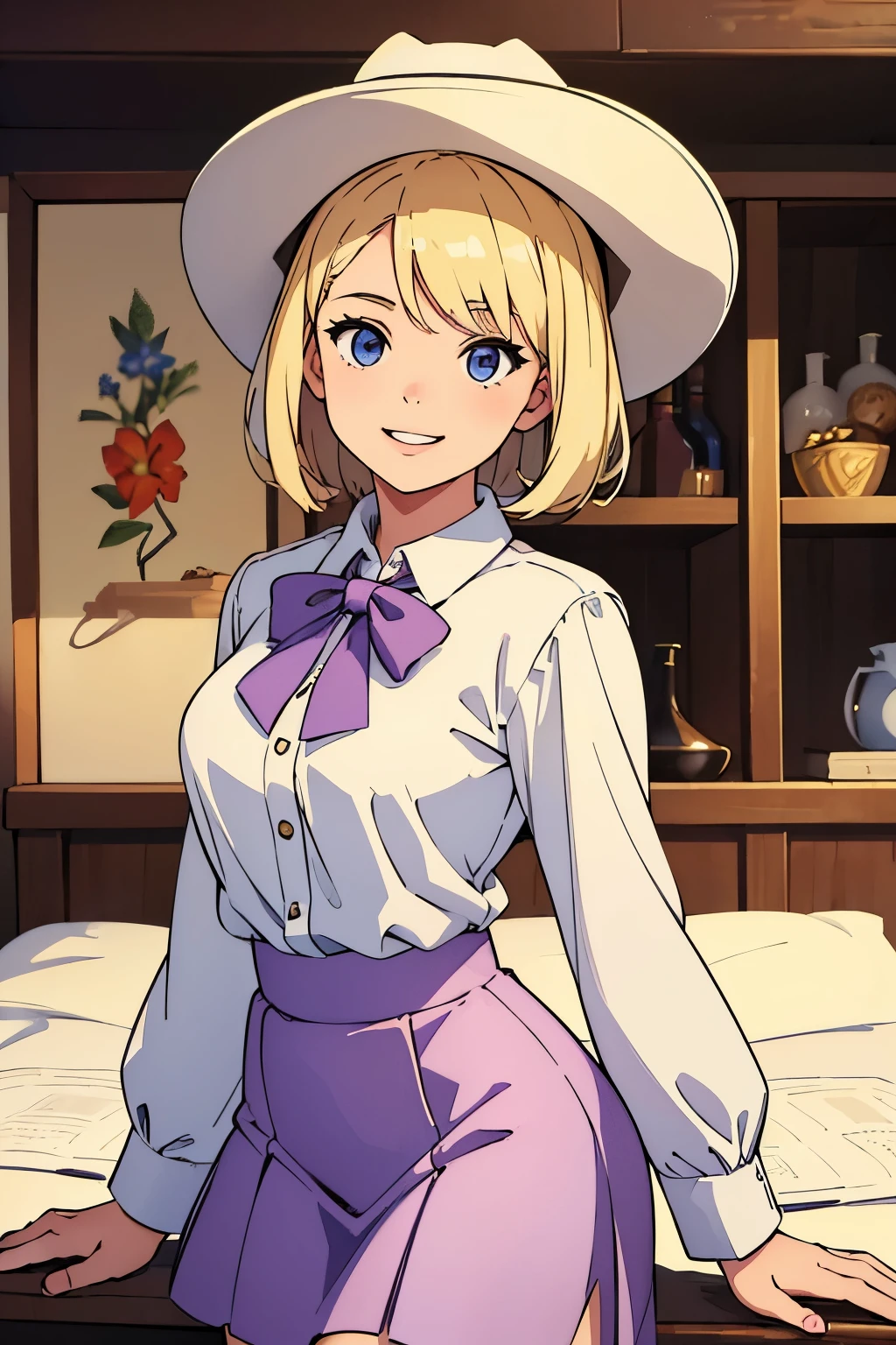 (Best quality:1.1), (Masterpiece:1.4), (Illustration fantastique:1.2), 1fille, cute girl, cowgirl, White shirt, short skirt, Blond hair, cowboy hat, Wide smile, cowboy