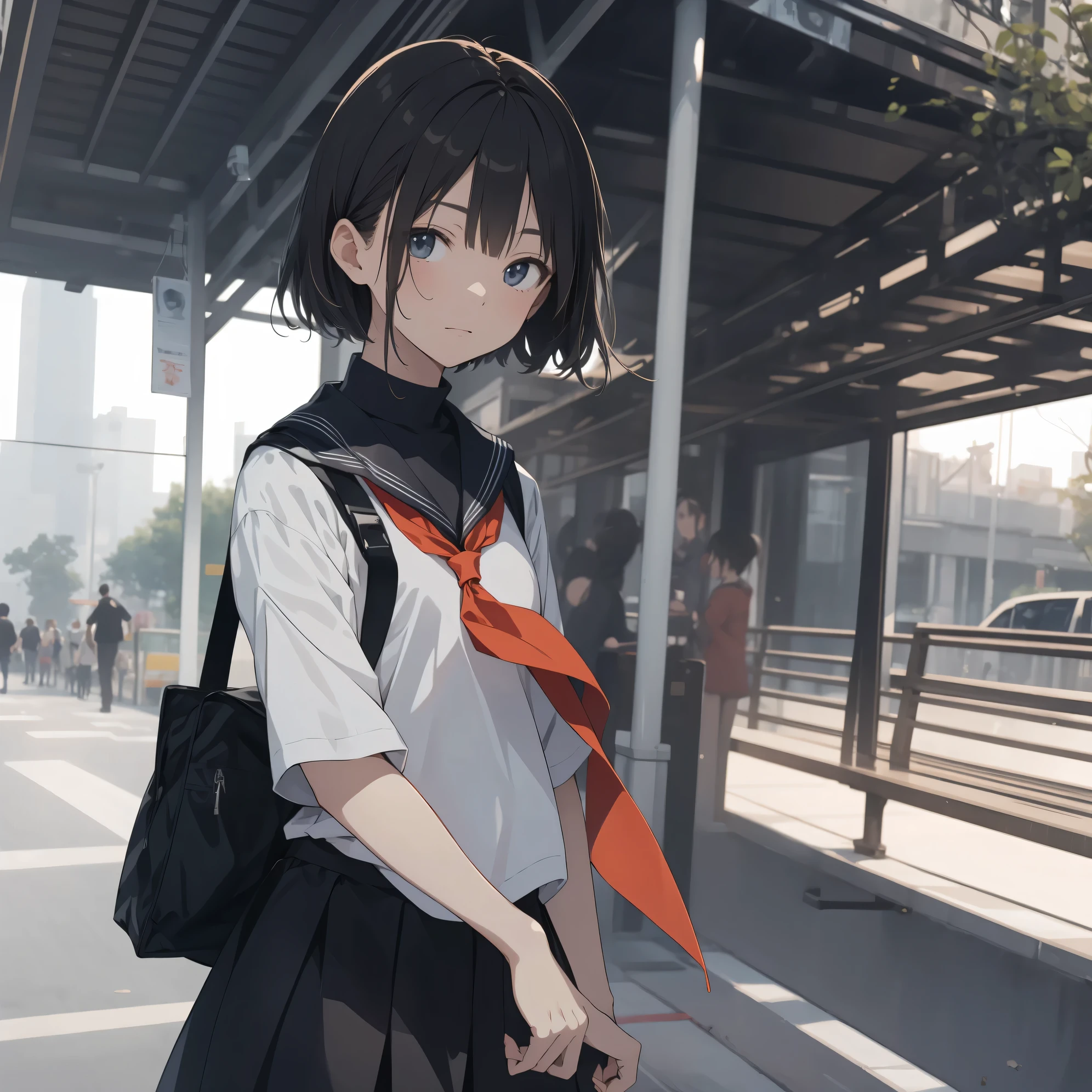 Ultra-highest quality by the art god, super detailed, High resolution, anime moe art style, Best Anime 8K Kona-chan Wallpaper, pixiv contest winner, perfect anatomy, break,(眠そうにalone学校へ行く女の子を描いてください. )break, 1 girl,(alone,little woman,13 years old:1.3),All limbs, full finger,, immature charm, (very short hair), bangs, flat chest, Small Bodysuits, thin body, small ass, between legs, upward facing eyes, small eyes, black eye, detailed and beautiful eyes, Well-proportioned iris and pupils, expressive eyes, lips with beautiful details, High resolutionの詳細な髪, skirt, pleated skirt, neckerchief, sailor collar, school uniform, serahuku, shirt, school bag.(detailed lighting), (detailed background), On the way to school. break,super dense skin, Best lighting by famous artists, 8k, figure,Hmm, rough skin