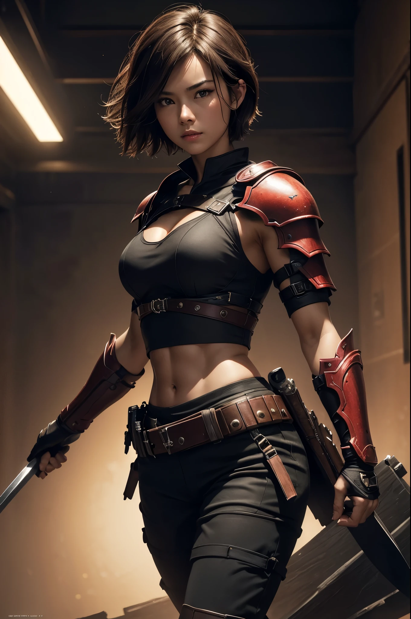 8k,荒れた大地adventure者の衣装,Travel through the dusty wilderness,light brown short cut hair,super beautifulな日本の女性, Red and black large chest chest armor,super beautiful(like the real thing),Stainless steel and black shoulder armor for the left shoulder,red and black combat pants,sexy,deviantart artstation cgscosiety, 3Dレンダリングcharacter art8 K, Alena Aenami and Artgerm, Wojtek Fuss, Trending in Artstation 8k, Trending with Art Station HD, Adventure ultra-realistic rendering, Perfect body with realistic shading, photorealistic perfect body, ultra high resolution,high quality,sexy,brown short hair,strongly cracked abdominal muscles,muscular slim body,muscular slender lower body,Close-up,masterpiece,最high qualityのフォトリアリスティックなRAW写真。bright colors,rich colors, Backlight, cinematic lighting, film grain, to be born, 50mm lens, Nikon D850,realistic skin,fantasy art,character art,sharp gaze,adventure,Holds a long and large Japanese sword,brown combat jacket,red and black gauntlet,battle scene,dynamic pose,action pose,shout,