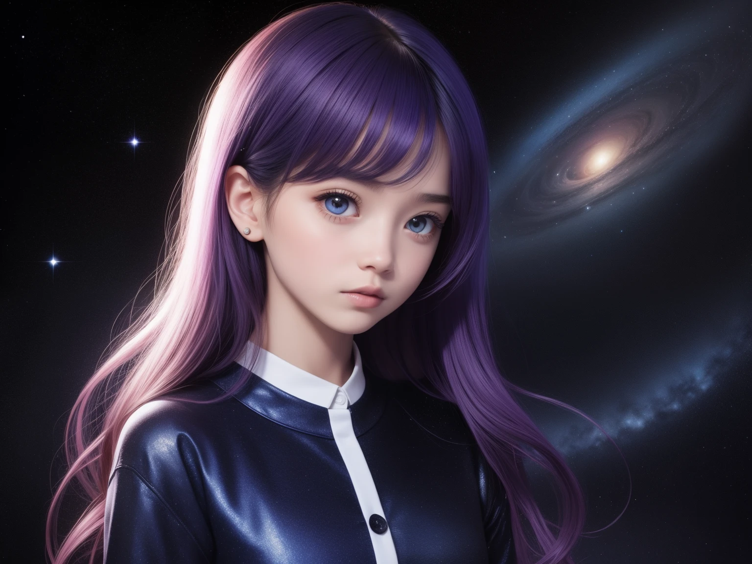 The girl's hair is turning into a starry sky,The girl's clothes blend into the galaxy,Enlarged view of the head