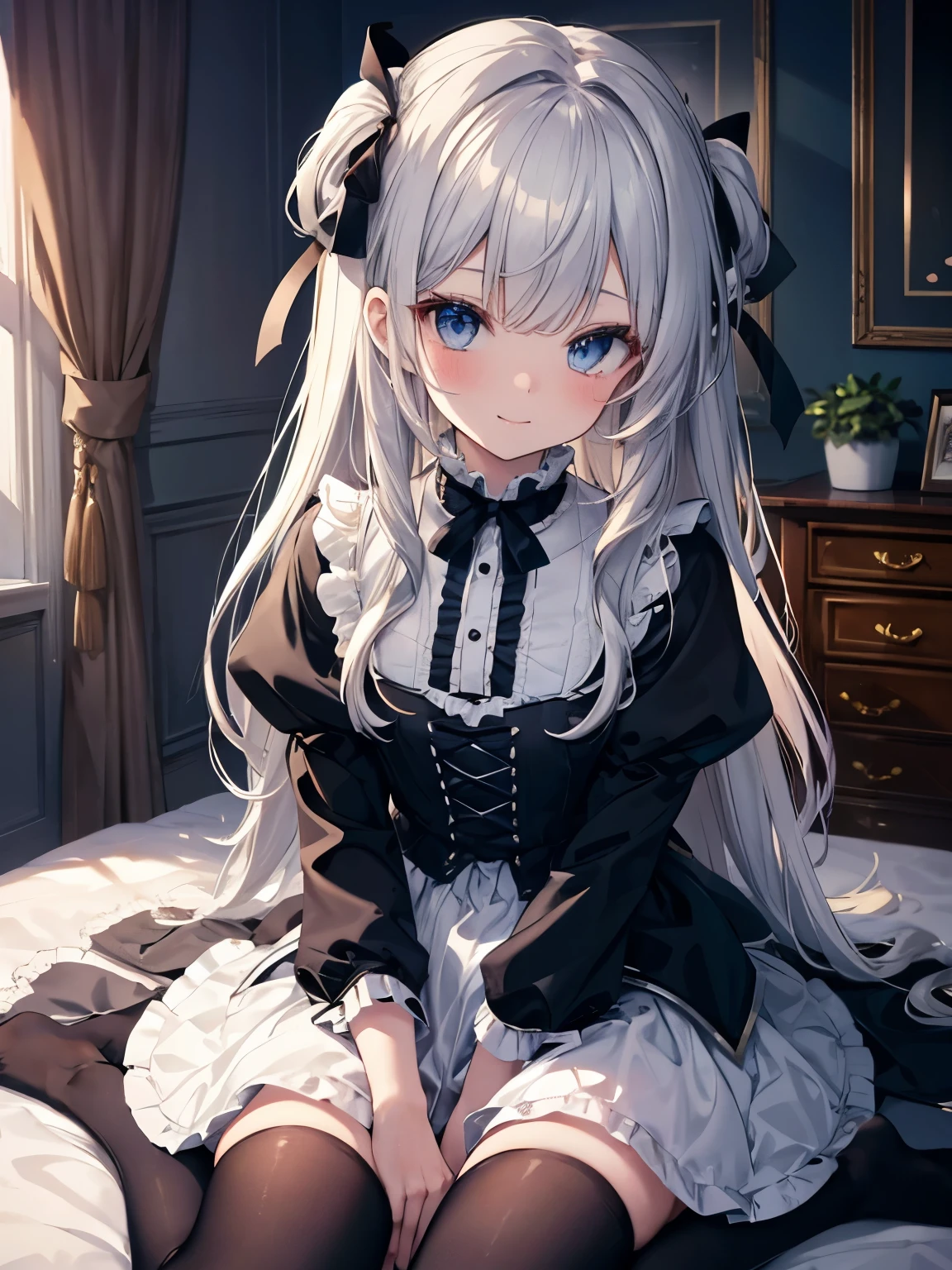 table top, highest quality, (perfect face:1.1), (high detail:1.1), (very detailed目), dramatic, Ultra-fine illustration, very detailed, 1 girl, teenager,(white skin), long gray hair, mysterious eyes, blue eyes,blush,alone,smile, Happy, smile, enjoy, open your mouth, swollen lips,cinematic lighting,looking at the viewer,cowboy shot,long sleeve, Gothic Lolita, frills, ribbon,knee high socks,indoor,living room,night,crawl on all fours,on the bed