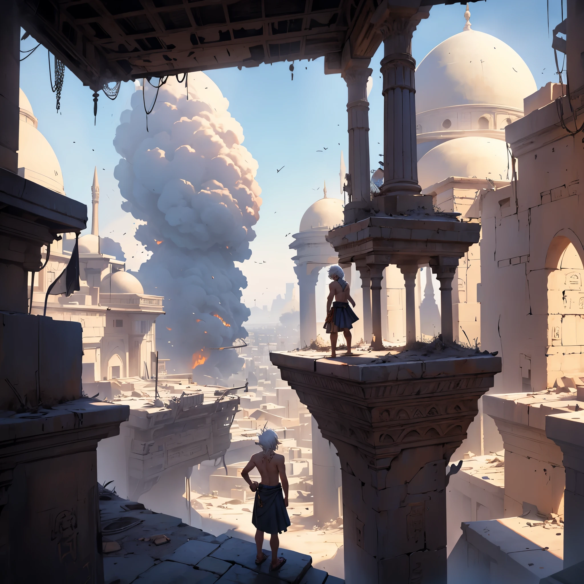 man white hair shirtless wearing short Arab and Egyptian skirts standing on top of a building looking at the burning fantasy city in an epic view, no estilo de anime, paisaje todo ardiendo, apocalyptic