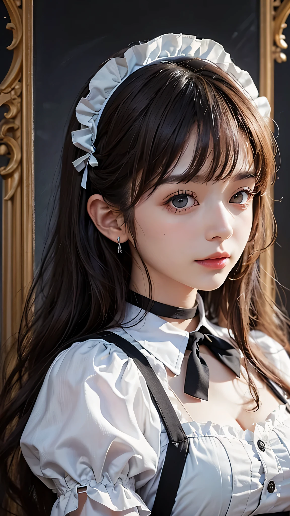 Beautiful white and shining skin、Chestnut hair that changes depending on the light、Long bangs between the eyes that obstruct the view、Cheek gloss highlights、Sexy and very beautiful nice gorgeous face、the most beautiful face in the world、short bob、Smooth straight hair、medium breasts、beautiful breasts、cleavage、Big and bright eyes、beautiful bangs、Beautiful and beautiful woman、small face beauty、natural smile、headdress、white blouse、black ribbon、puff sleeves、collar、choker、white apron with fine frills、black maid costume、Upper body、