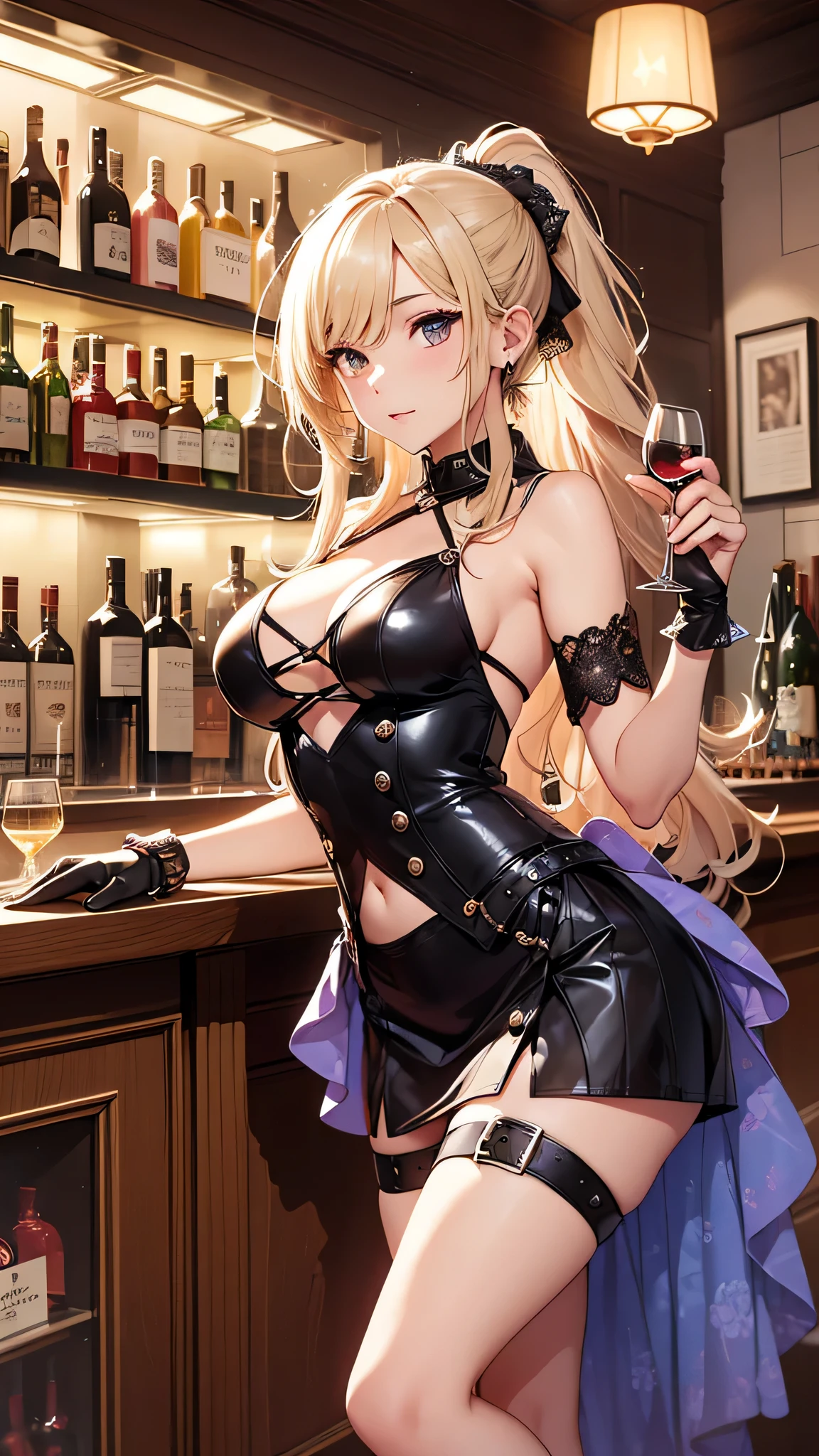 最high quality、best image quality、masterpiece、teenage girl((20-year-old、 By becoming、vest bust、medium bust,wide open breast tea、shining eyes, blonde hair、long hair、thin,highest valley、ponytail、Bartender costumes、mini skirt、holding a wine bottle、random pose、black gloves)),high quality、beautiful art、background((night bar))debris flies、Depth of written boundary、movie、visual art、perfect art、8k,genuine、