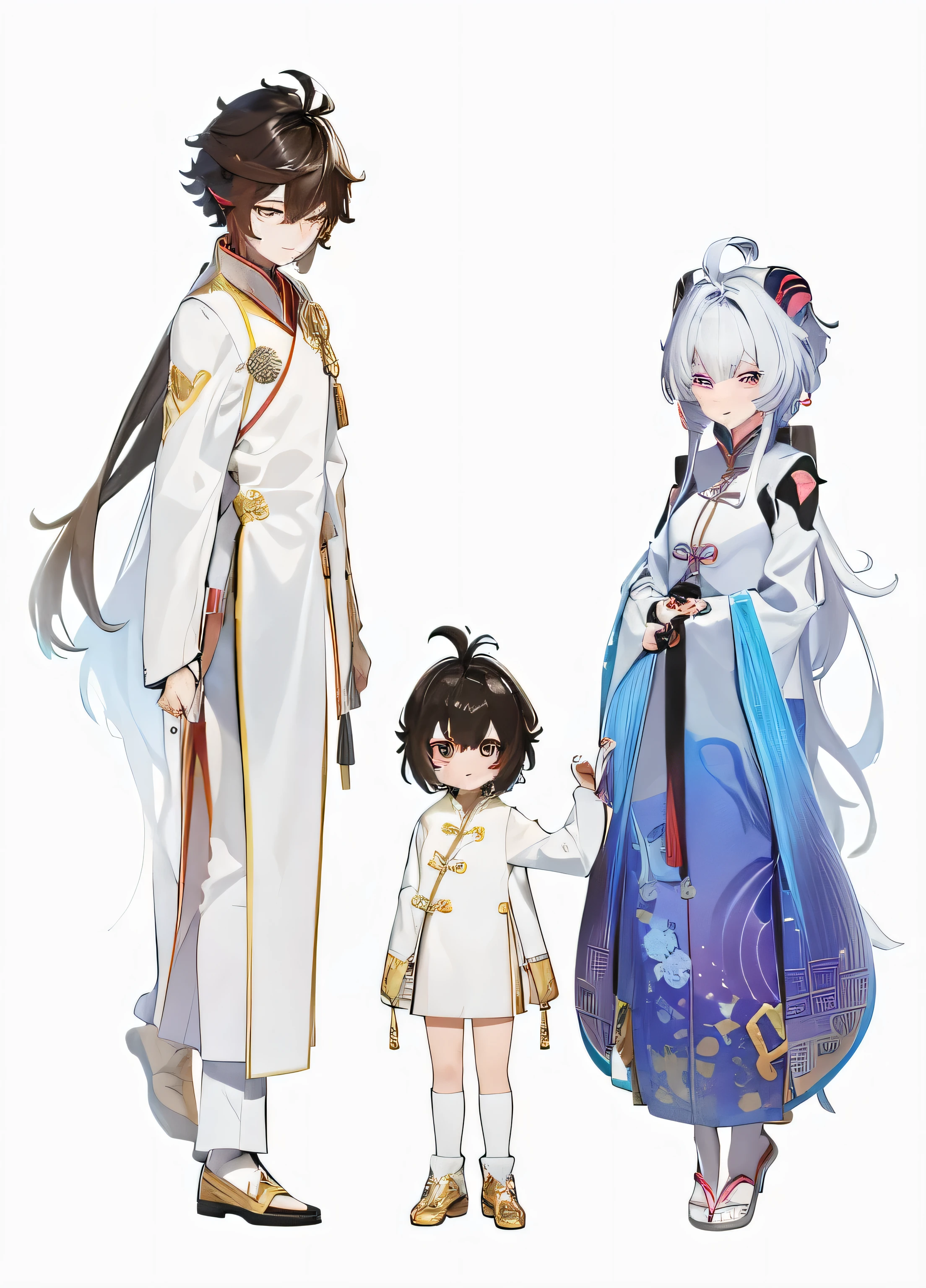 Wearing traditional Chinese clothing、anime character wearing hat, Humanity Game Protagonist Design, detailed characters, fantasy style anime, three future princes, Everyone is wearing period-appropriate clothes, 完整的character concept, stylized anime, character concept, anime stylization, Official illustration, Genshin,1 girl, long hair, looking at the audience, Bangs, simple background, brown hair, black hair, Gloves, long sleeves, 1 boy, White background, hair between eyes, shut your mouth, blue hair, Permanent installation, purple eyes, whole body, yellow eyes, ponytail, Alcohol, Colorful hair, trumpet, alternative costume, sock, gradient hair, Chinese clothes, white footwear, Ageing, child, low ponytail, female child, male child, goat trumpet, employment \(Genshin衝擊\), Zhongli \(Genshin衝擊\)