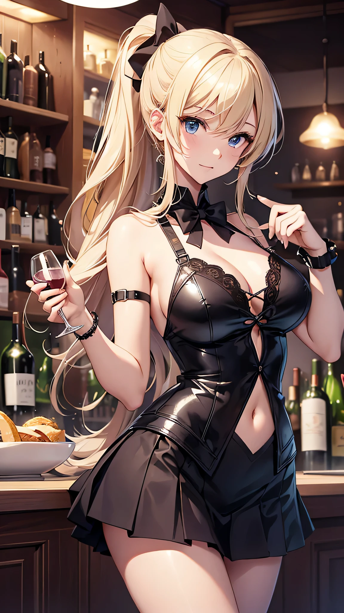 最high quality、best image quality、masterpiece、age girl((20-year-old、 By becoming、vest bust、medium bust,wide open breast tea、shining eyes, blonde hair、long hair、thin,highest valley、ponytail、Bartender costumes、mini skirt、holding a wine bottle、random pose、black gloves)),high quality、beautiful art、background((night bar))debris flies、Depth of written boundary、movie、visual art、perfect art、8k,genuine、