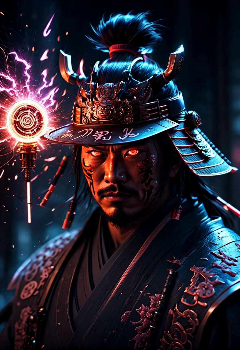 glowneon, glowing samurai emitting sparks and electricity, glowing eyes, cinematic film still, (best quality, masterpiece, Representative work, official art, Professional, Ultra intricate detailed, 8k:1.3)