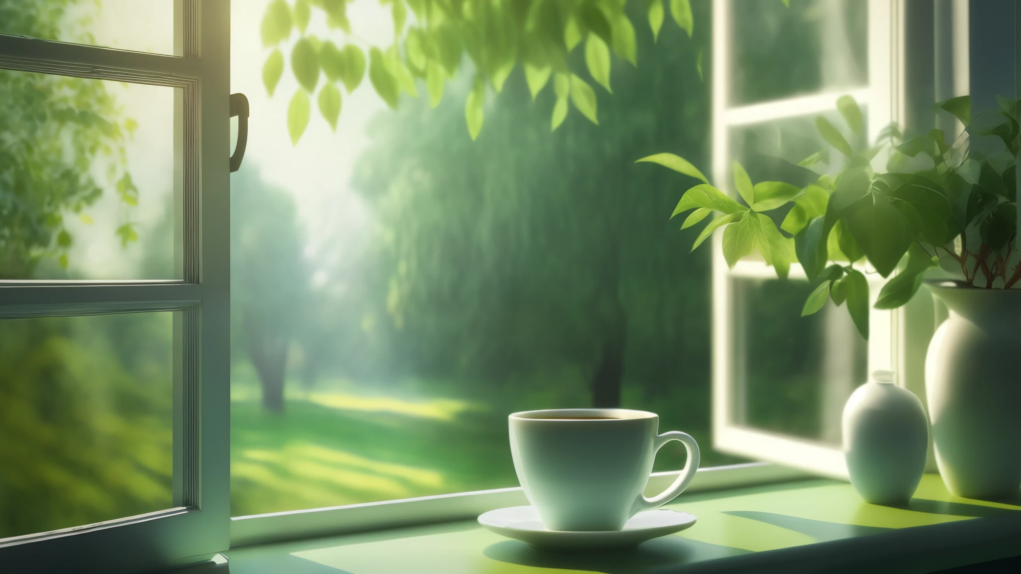 There is a cup of coffee on the windowsill next to the vase, morning 분위기, 여름 morning 햇살, Natural window lighting, 빛나는 morning 햇살, morning 시간, 부드러운 morning 햇살, 이른 morning 분위기, Morning coffee, Outside natural light, rendered image, morning, Assam tea garden background, morning에, morning 햇살에, establish artistry, afternoon sunlight,refresh,Eye Protection,hyper hd