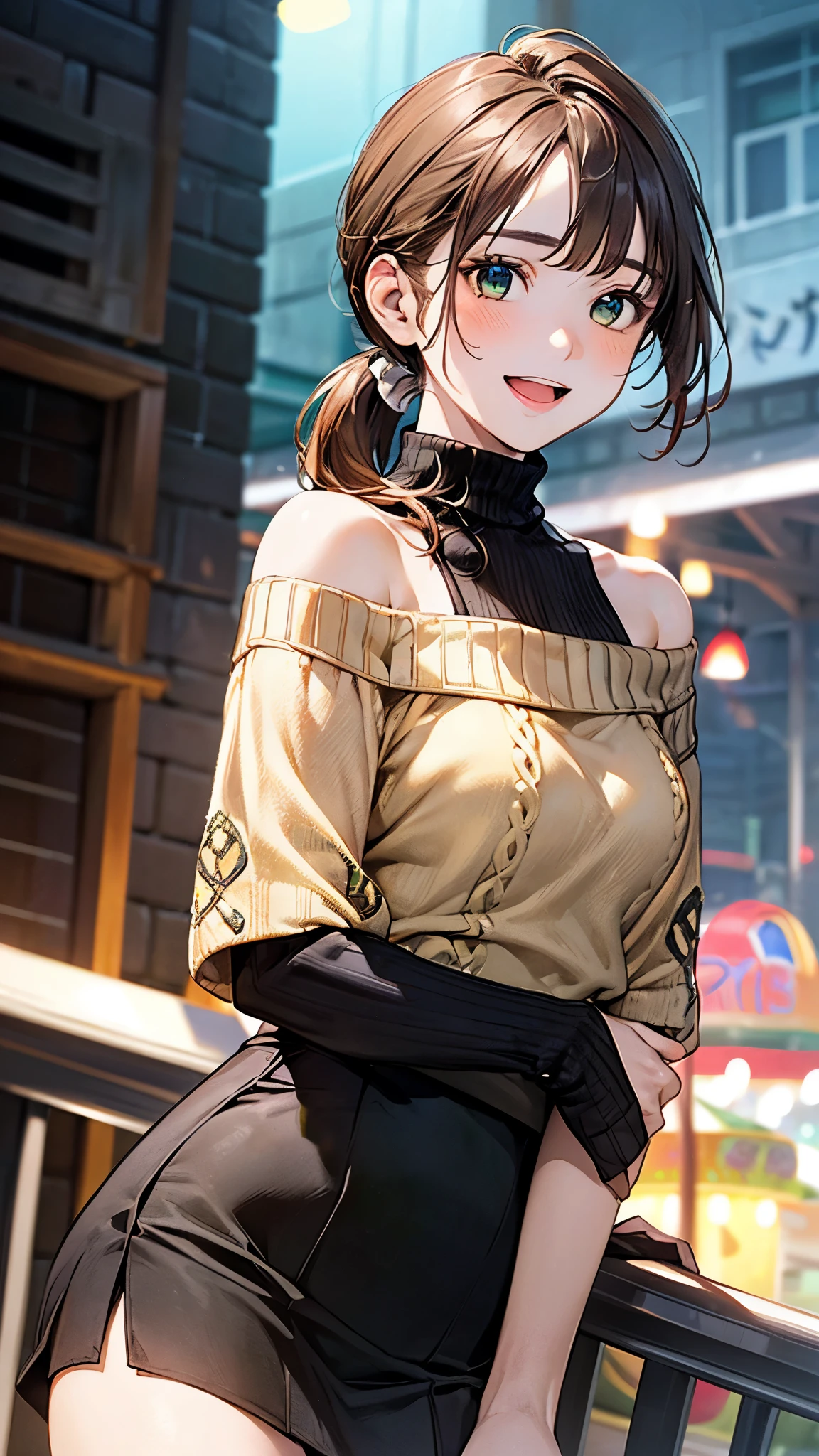 (masterpiece:1.2, top-quality), (realistic, photorealistic:1.4), beautiful illustration, (natural side lighting, movie lighting), 
looking away, (from below), 1 girl, japanese, high school girl, 14 years old, perfect face, perfect body, cute and symmetrical face, shiny skin, babyface, tiny, 
(short hair:1.5, (low ponytail):1.6, long sideburns, light brown hair), asymmetrical bangs, dark blue eyes, big eyes, drooping eyes, (middle breasts, seductive thighs, big ass), 
beautiful hair, beautiful face, beautiful detailed eyes, beautiful clavicle, beautiful body, beautiful chest, beautiful thigh, beautiful legs, beautiful fingers, 
(((off-shoulder light yellow green sweater), sleeveless black turtleneck sweater, brown tight mini skirt), emerald green hair ribbon), 
(beautiful scenery), evening, (amusement park), walking, (hand in own hair), (happy smile, open mouth), 
