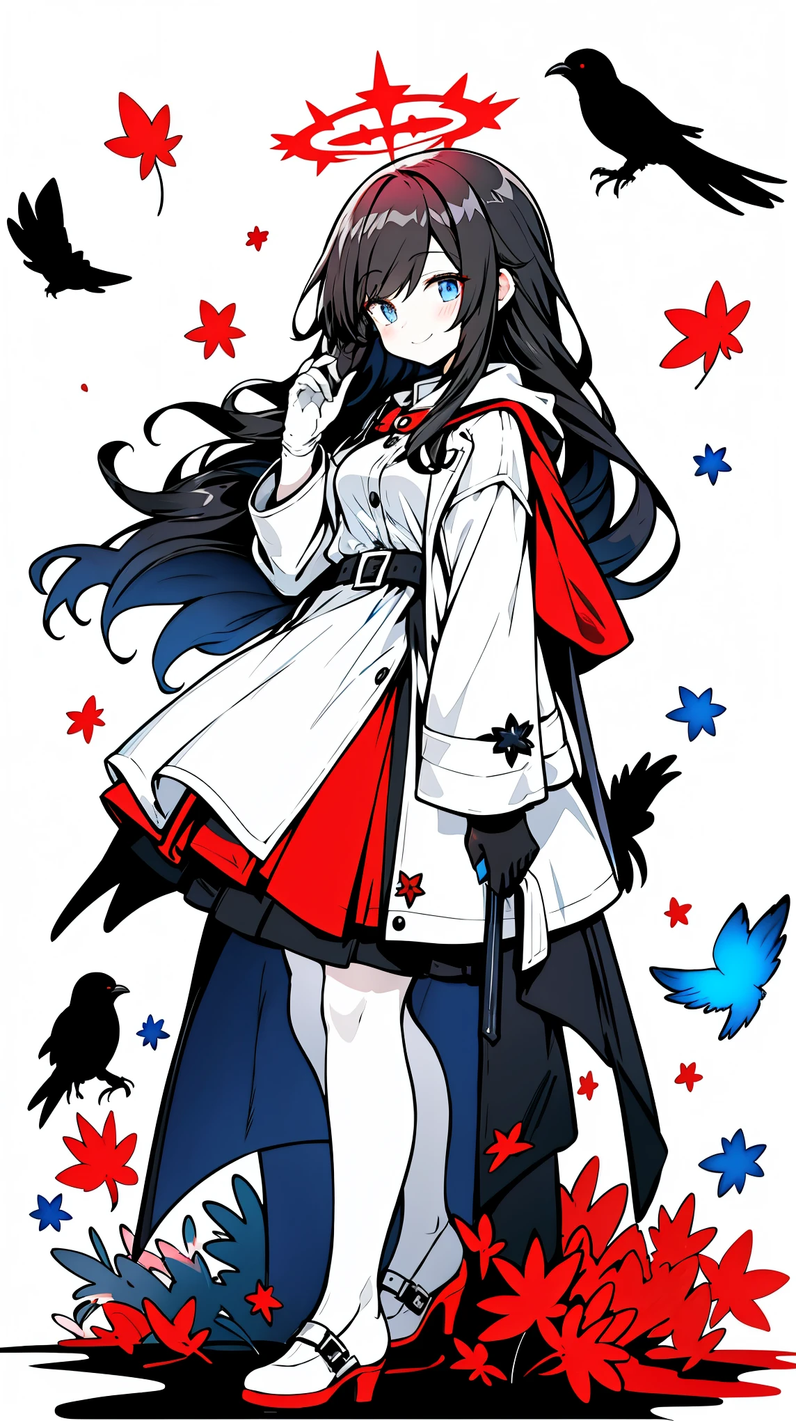 （（masterpiece：1.4，best quality））+，（Ultra-detailed）+，（super detailed eyes）+，（blue leg ring：1.5），black crow
（cute girl），15 years old，（blue eyes：1.15），black hair，long black hair，（Variza：1.2），pale skin，cold，Smile，一個誘人的Smile，red leaves，nun uniform，
（She wears a gray hooded trench coat，There&#39;s fluff on it：1.5），（black long skirt：1.4），White shirt ，White gloves，little Red Riding Hood，thin legs，black red halo，ax，Blue star，blue flowers，
（flocks of crows：1.1），
（Dawn light：1.2），White，
（Thick black and white：1.16），（depth of field：1.4），
