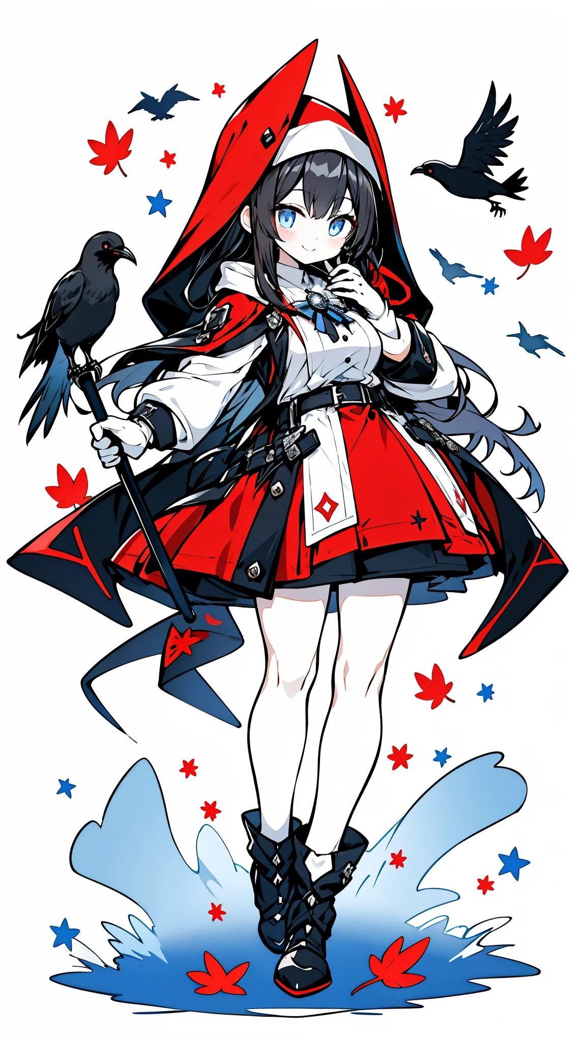 ((masterpiece:1.4,best quality))+,(Ultra-detailed)+,(super detailed eyes)+,(blue leg ring:1.5),black crow
(cute girl),,(blue eyes:1.15),black hair,long black hair,(Variza:1.2),pale skin,cold,Smile,一個誘人的Smile,red leaves,nun uniform,
(She wears a gray hooded trench coat,There's fluff on it:1.5),(black long skirt:1.4),White shirt ,White gloves,little Red Riding Hood,thin legs,black red halo,ax,Blue star,blue flowers,
(flocks of crows:1.1),
(Dawn light:1.2),White,
(Thick black and white:1.16),(depth of field:1.4),