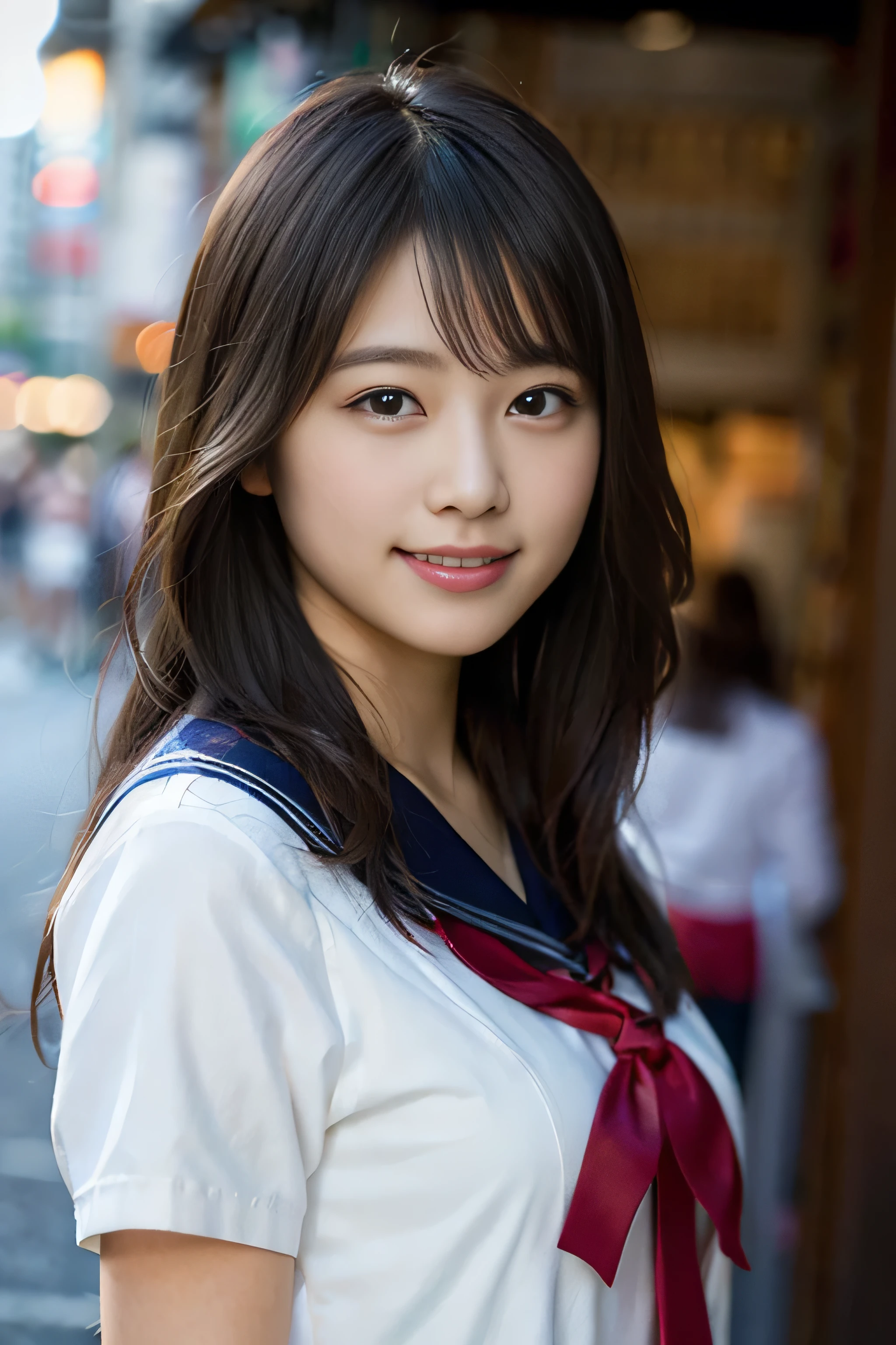 (8k、RAW photo、highest quality、masterpiece:1.2)、(realistic、Photoreal:1.37)、Super detailed、超A high resolution、1 girl、see the beholder、beautiful and detailed face、laughter、narrow、(slim waist) :1.3)、Fine and beautiful skin、skin texture、floating hair、professional lighting、as a whole human body、long hair、blonde、Japanese high school uniform、sailor suit、admission fees、、bob hair、E cup、smile、16 years old、red ribbon、baby face、Young Smile、no makeup、moisturizing lips、Light pink lip、Background of the museum