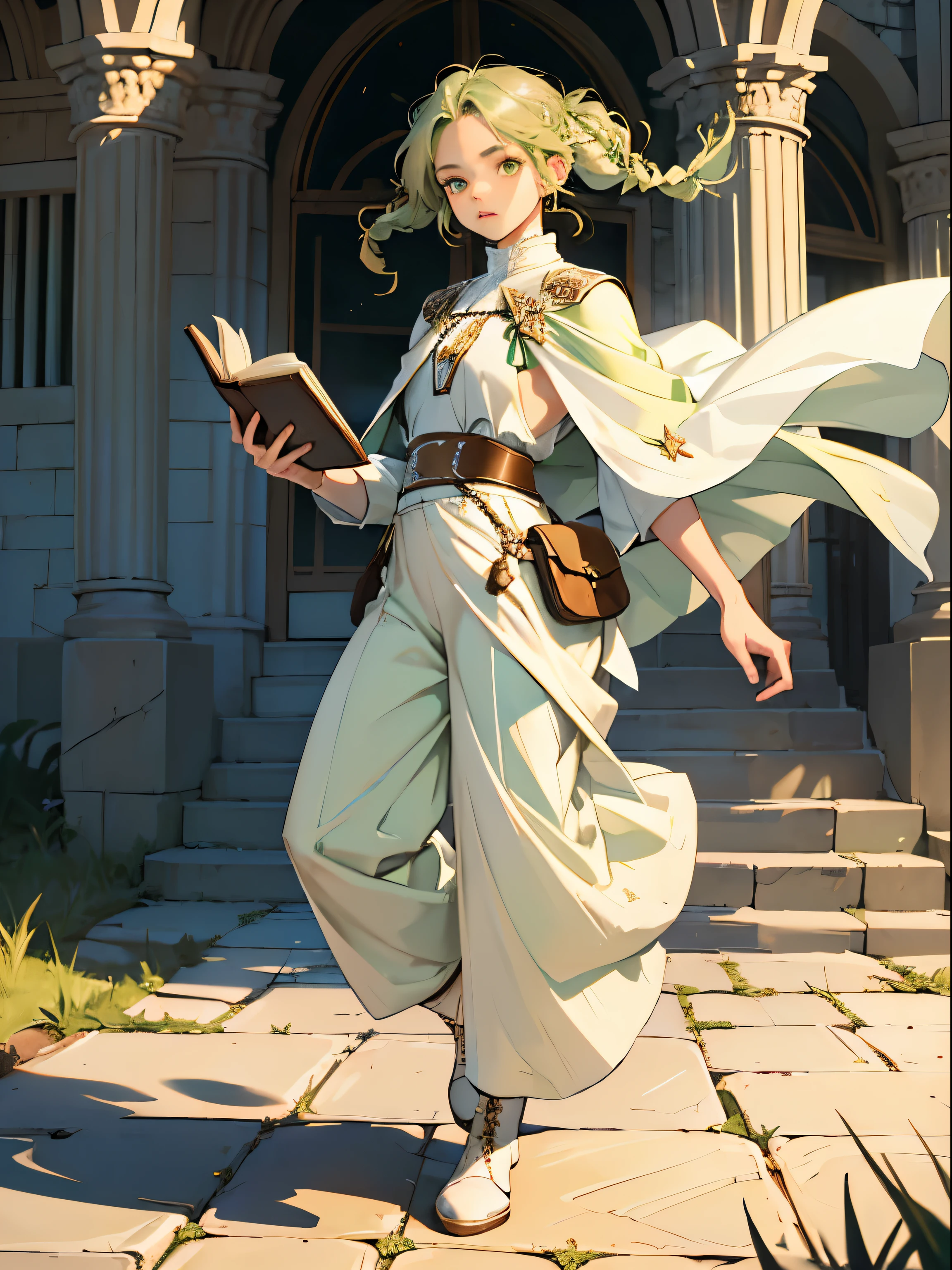 masterpiece, super detailed, 8K portrait, RAW photo, portrait photography, highly detailed face, beautiful and detailed eyes, ((fantasy)), young and beautiful, , (((droopy eyes))), dynamic pose, (((short wavy light green hair))), ((Braided twintails)), parted bangs, white skin color, luxury, (((White tunic))), ((((Brown wide pants)))), (((brown cloak))), (((little waist hip pouch))), High Cut Leather Boots, ((Magic book in hand)), midday sun, surreal, slender body, flat chest, long legs, on the medieval road, environmental lighting, shadow details , focus the camera on the face, strong wind, light fog