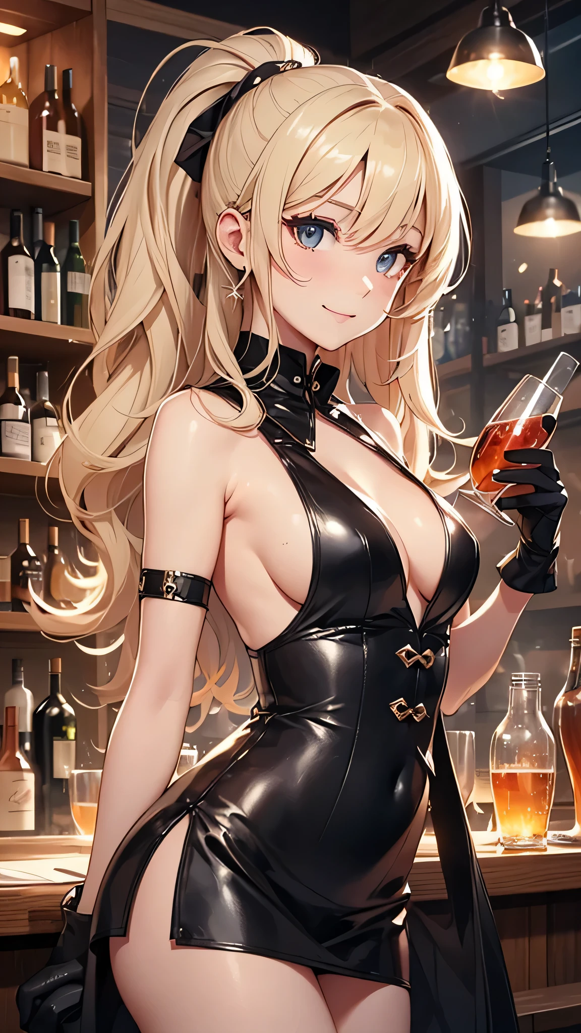 最high quality、best image quality、masterpiece、teenage girl((20-year-old、 By becoming、vest bust、medium bust,wide open breast tea、shining eyes, blonde hair、long hair、thin,highest valley、ponytail、Bartender costumes、mini skirt、holding a wine bottle、smile、black gloves、chest holder)),high quality、beautiful art、background((night bar))debris flies、Depth of written boundary、movie、visual art、perfect art、8k,genuine、