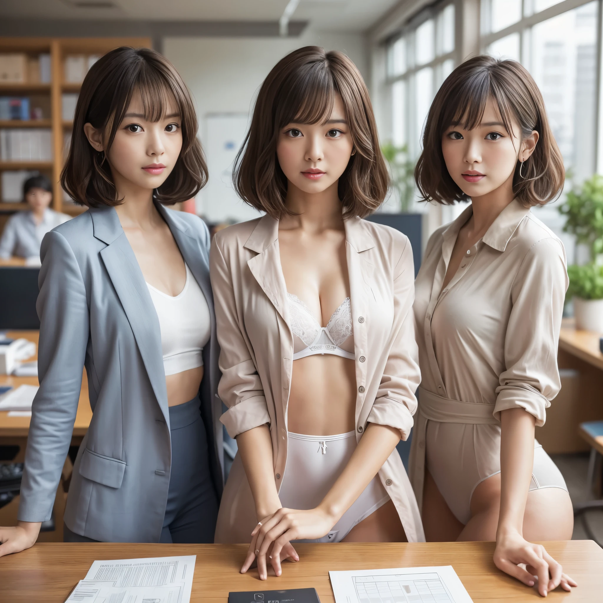 (RAW photo:1.2), (realistic), beautiful detailed girl, very detailed 目 and face, beautiful and detailed eyes, huge file size, High resolution, very detailed, highest quality, [table top:1.6], shape, very detailed, small details, highest quality, 8k wallpaper, movie lighting,Three 22-year-old girls, Japanese female office workers, Working while standing in the office,  Loose and fluffy, Loose curls and wavy hairstyle, Her shirt is open and her white bra is visible.,  white panties are visible, wear glasses, serious expression, slender body, young face, immature body,small breasts,  exposed underwear, office scene, Everyone works in their underwear