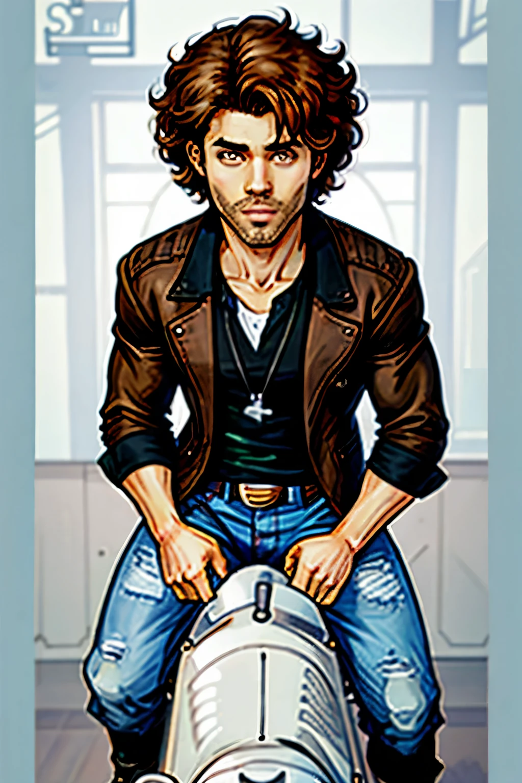 MAKE A YOUNG CARTOON boy CHARACTER WITH BROWN CURLY HAIR AND BROWN EYES 