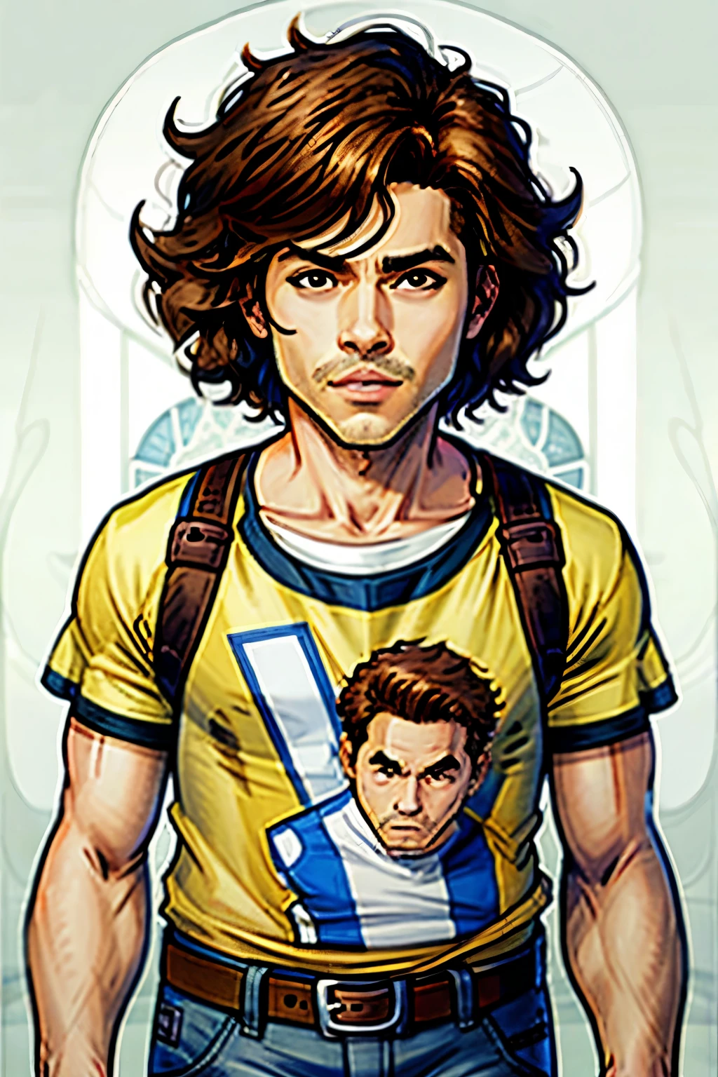 MAKE A YOUNG CARTOON boy CHARACTER WITH BROWN CURLY HAIR AND BROWN EYES 