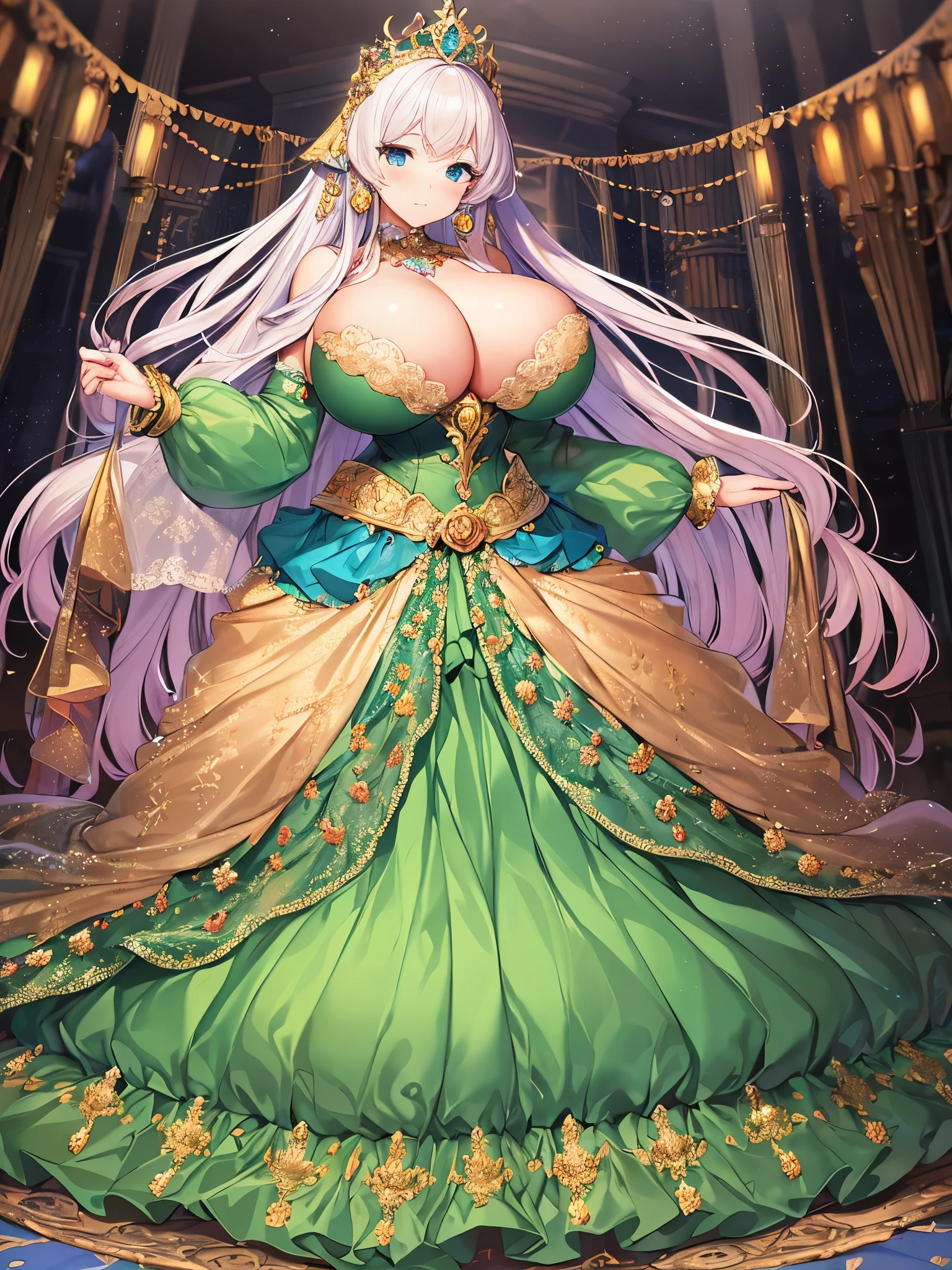 anime artstyle,Masterpiece,Best Quality,Super Detail,Very Delicate and Beautiful,Solo,full body,full body portrait,((1 princess in a jeweled rococo ballgown with beautiful embroidery)),(((very gigantic tits))),cleavage,Skindentation,((fantasy castle,outdoor)),((crinoline,long train)),super detailed gorgeous princess ballgown with voluminous full length hoop skirt,gorgeous princess rococo ballgown with long train,gorgeous princess rococo ballgown with beautiful embroidery and jeweled,(detailed face and eyes),jewel-like eyes,((extremely voluminous straight Hair,Extremely Long Straight Hair)),extremely gorgeous hair ornament,((extremely gorgeous jeweled big tiara)),luxurious jewelry,((super detailed gorgeous princess rococo ballgown with voluminous full length hoop skirt)),full body