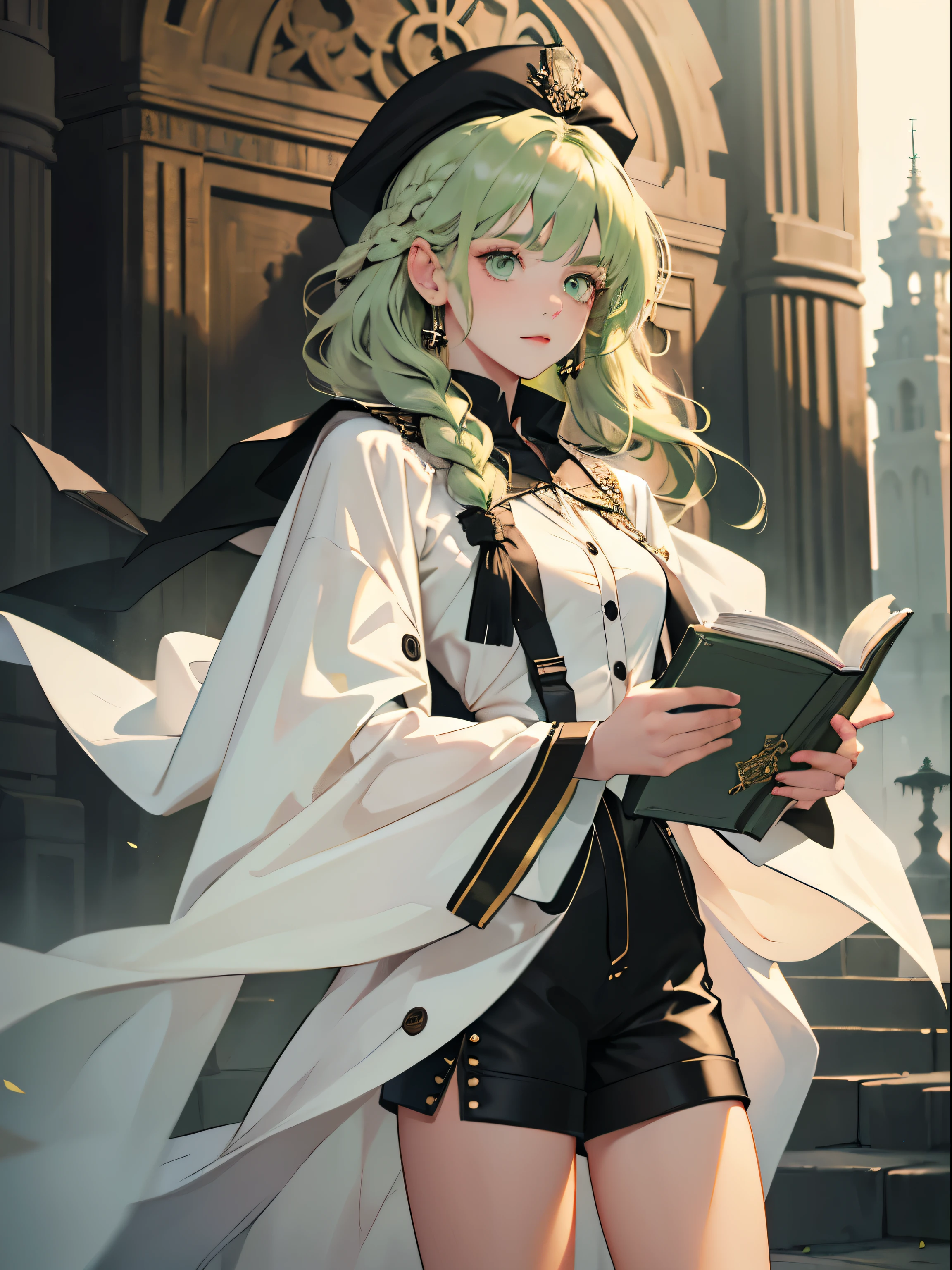 masterpiece, super detailed, 8K portrait, RAW photo, portrait photography, highly detailed face, beautiful and detailed eyes, ((fantasy)), young and beautiful, 22 years ago, (((droopy eyes))), dynamic pose, (((light green hair with medium wavy))), ((Braided twintails)), parted bangs, white skin color, luxury, (((Black Mortarboard Cap))), (((Long cloak of white silk))) fluttering in the wind, (((Many Button Shirt Dresses))), (((black shorts))), High Cut Leather Boots, ((Magic book in hand)), midday sun, surreal, body model, small breasts, beautiful breasts, long legs, inside the castle, environmental lighting, shadow details , Focus the camera on the thigh, strong wind, light fog