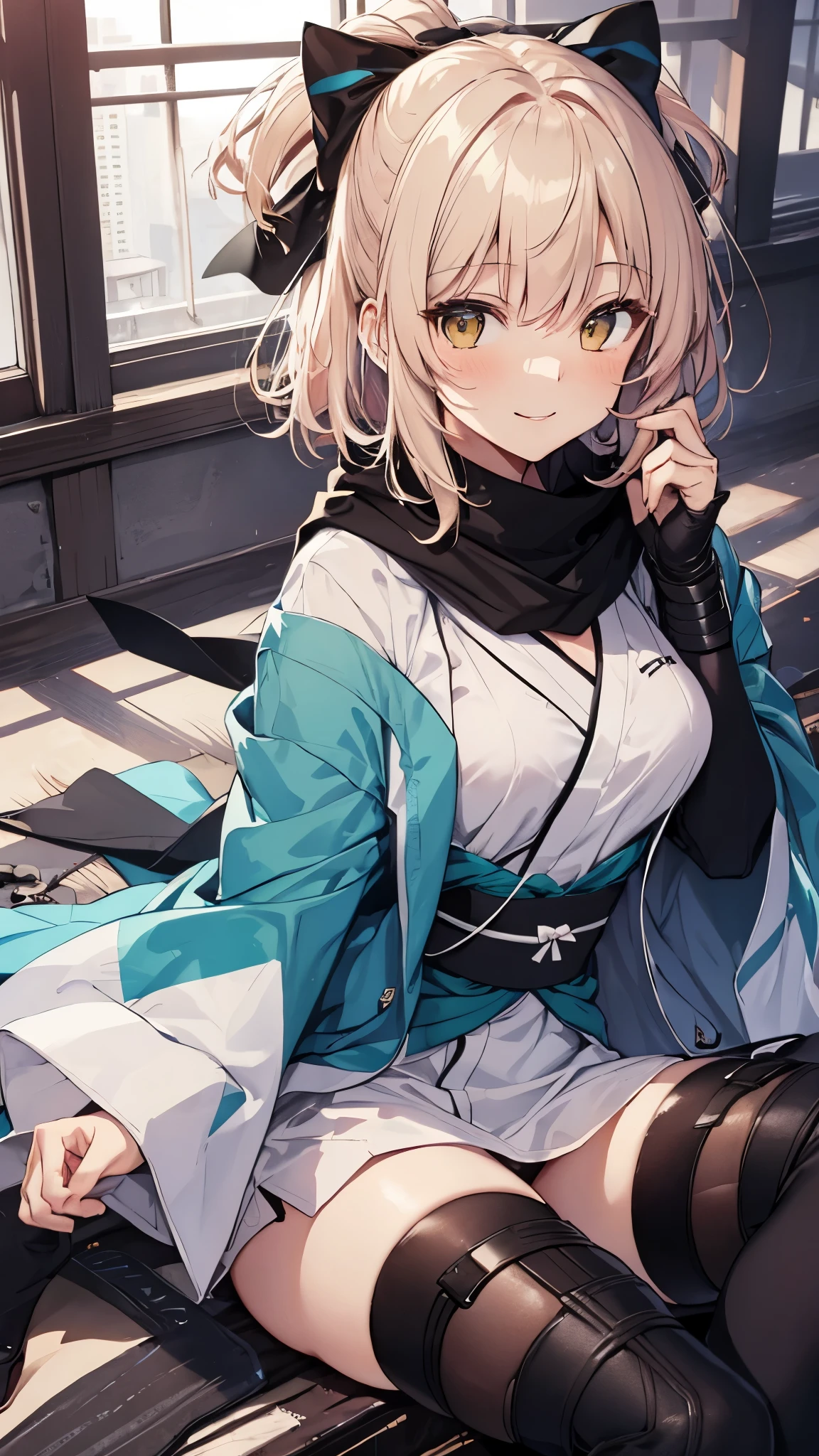 (Very detailed CG), (highest quality), perfect face, shiny skin, Glossy skin,1 girl,alone, OkitaSouji,arm guard,wide sleeve,toeless legwear,bangs,heart, white kimono, Shinsengumi, black thighs, yellow eyes,Thighhighs , short kimono, Haori, black bow, black scarf, short hair, Ahoge, scarf, blonde hair, hairbow,bow, kimono,kimono,((black panty)),(spread legs),seductive smile