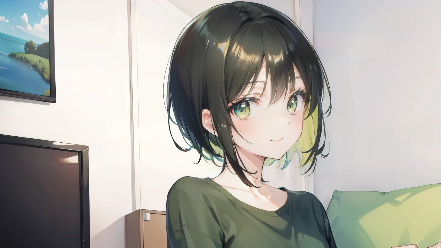 A girl, black hair and bright green eyes, short hair, in the living room near the television, wearing a casual cloth, cute, smile, cute