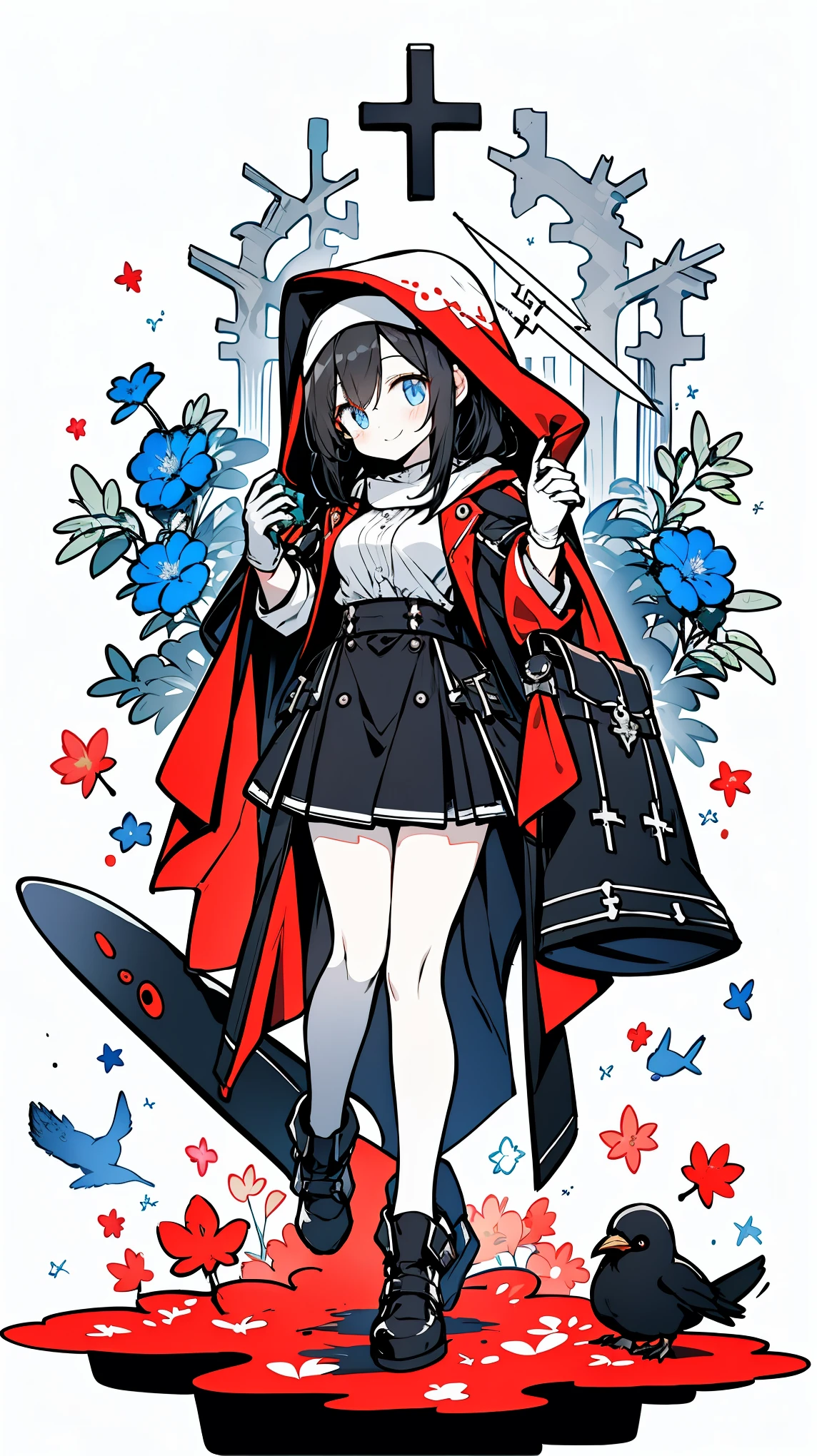 ((masterpiece:1.4,best quality))+,(Ultra-detailed)+,(super detailed eyes)+,(blue leg ring:1.5),black crow
(cute girl),,(blue eyes:1.15),black hair,long black hair,(Variza:1.2),pale skin,cold,Smile,一個誘人的Smile,red leaves,nun uniform,Dilapidated church,
(She wears a gray hooded trench coat,There's fluff on it:1.5),(black long skirt:1.4),White shirt ,White gloves,little Red Riding Hood,thin legs,black red halo,ax,Blue star,blue flowers,black whale,
(flocks of crows:1.1),
(Dawn light:1.2),White,
(Thick black and white:1.16),(depth of field:1.4),
