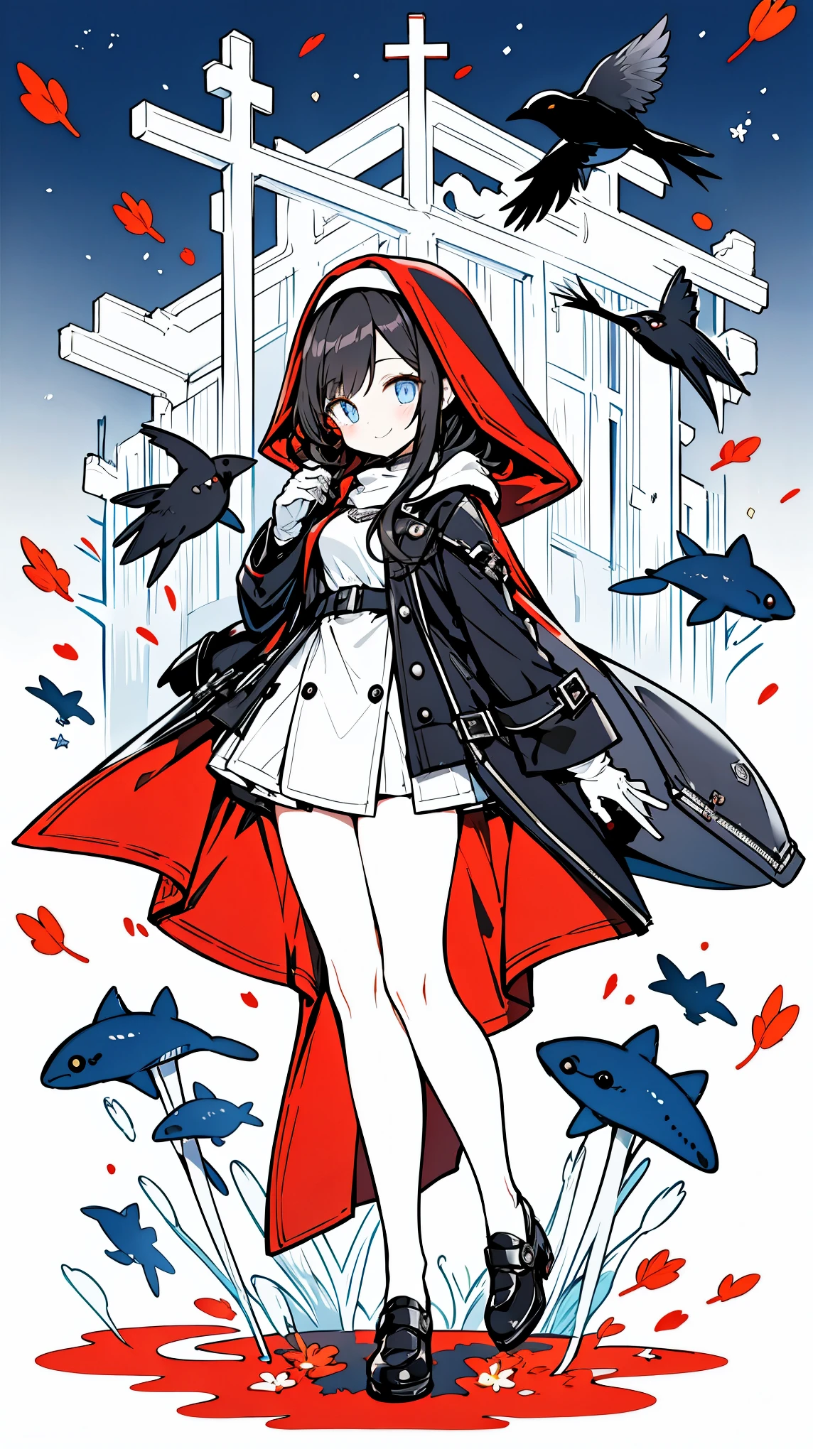 （（masterpiece：1.4，best quality））+，（Ultra-detailed）+，（super detailed eyes）+，（blue leg ring：1.5），black crow
（cute girl），15 years old，（blue eyes：1.15），black hair，long black hair，（Variza：1.2），pale skin，cold，Smile，一個誘人的Smile，red leaves，nun uniform，Dilapidated church，
（She wears a gray hooded trench coat，There&#39;s fluff on it：1.5），（black long skirt：1.4），White shirt ，White gloves，little Red Riding Hood，thin legs，black red halo，ax，Blue star，blue flowers，black whale，
（flocks of crows：1.1），
（Dawn light：1.2），White，
（Thick black and white：1.16），（depth of field：1.4），