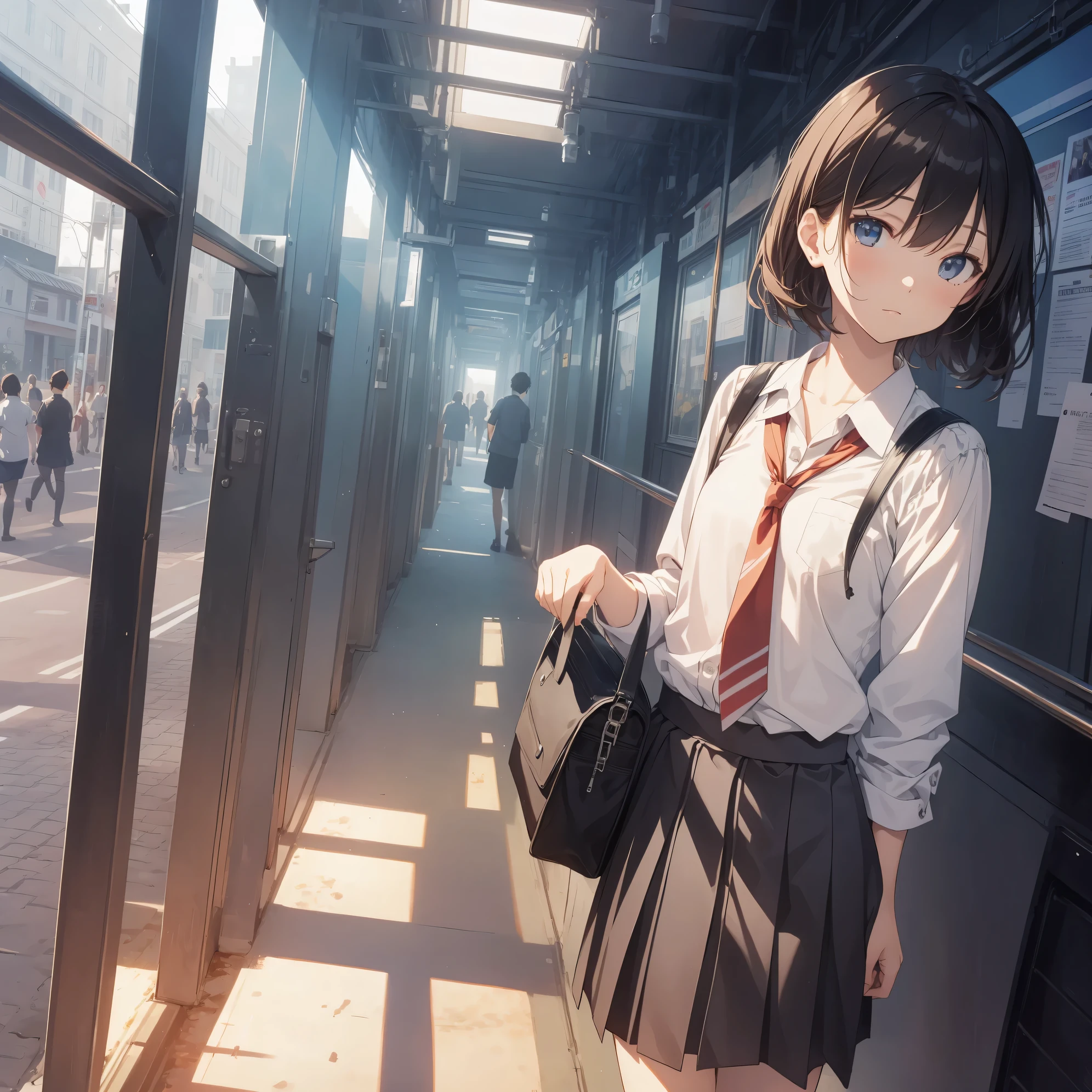 Anime girl in school uniform standing in a hallway with a handbag ...