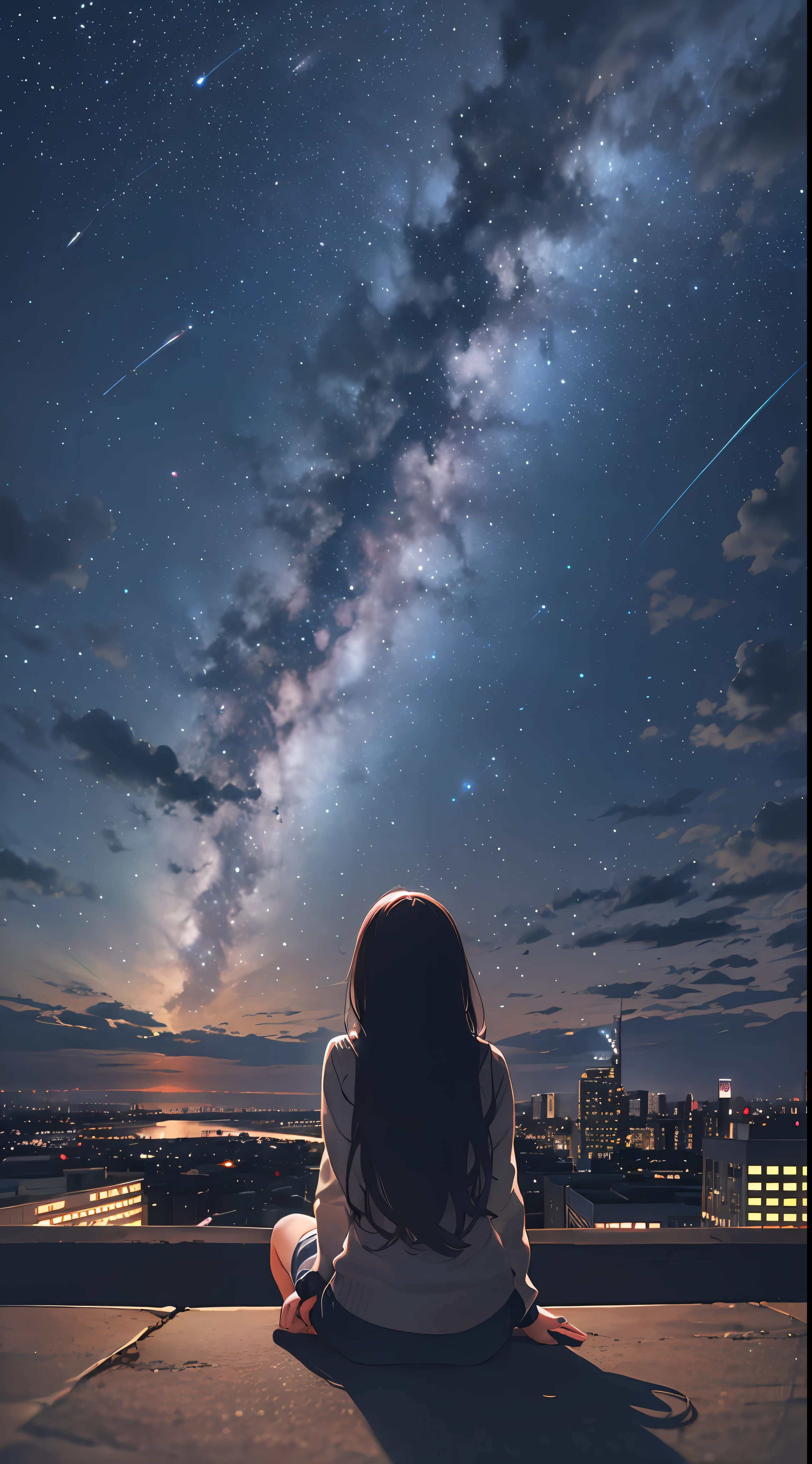 octans, sky, star (sky), scenery, starry sky, night, 1girl, night sky, solo, outdoors, building, cloud, milky way, sitting, tree, long hair, city, silhouette, cityscape --auto --s2