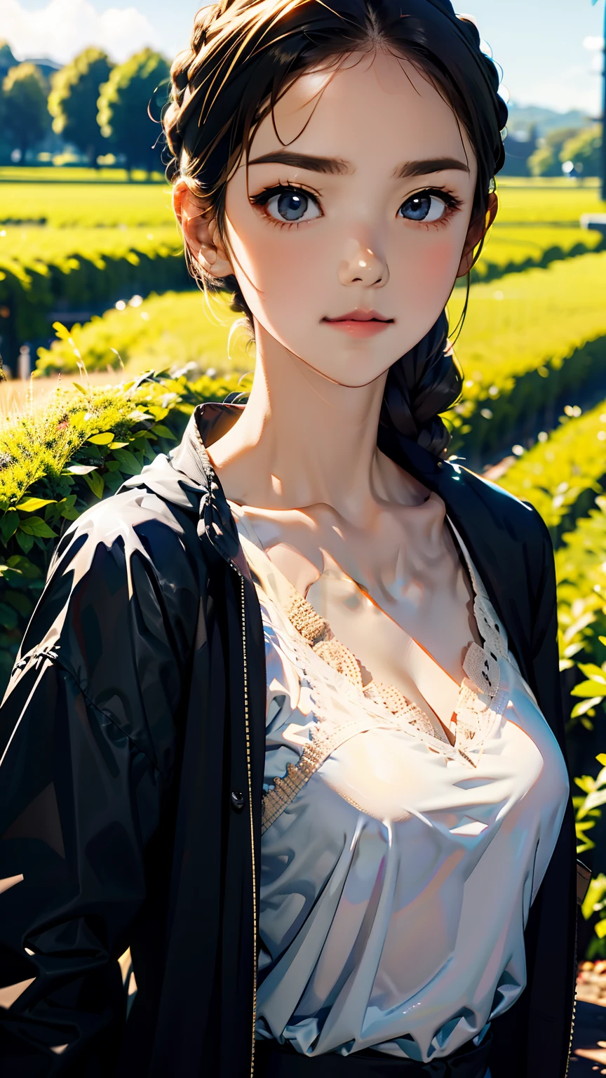 one woman、cute face、Also々new expression、Japanese、charming eyes、cream hair、french braid、18-year-old、gray eyes、camisole dress、blue jacket、outdoors、Alsoとした佇まい、wheat field