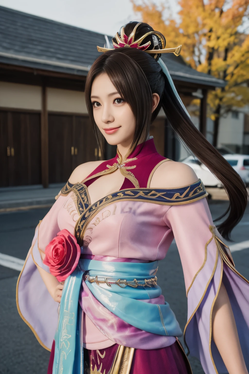 Diaochan from Sangoku Musou 8,Super realistic,hair ornaments,Perfect Diaochan costume,twin tails、masterpiece、1 cute girl、17 year old high school student、smile,fine eyes、puffy eyes、bright outdoors,Bright downtown、highest quality, 超High resolution, (reality: 1.4), movie lighting、Japanese、asian beauty、Korean、super beautiful、beautiful skin、body facing forward、whole body,Upper body、(超reality的な)、(High resolution)、(8k)、(very detailed)、(美しくfine eyes)、(Super detailed)、 (wall-)、detailed face、bright lighting、professional lighting、looking at the viewer、look straight ahead、slanted bangs、brown hair、Nogizaka Idol、