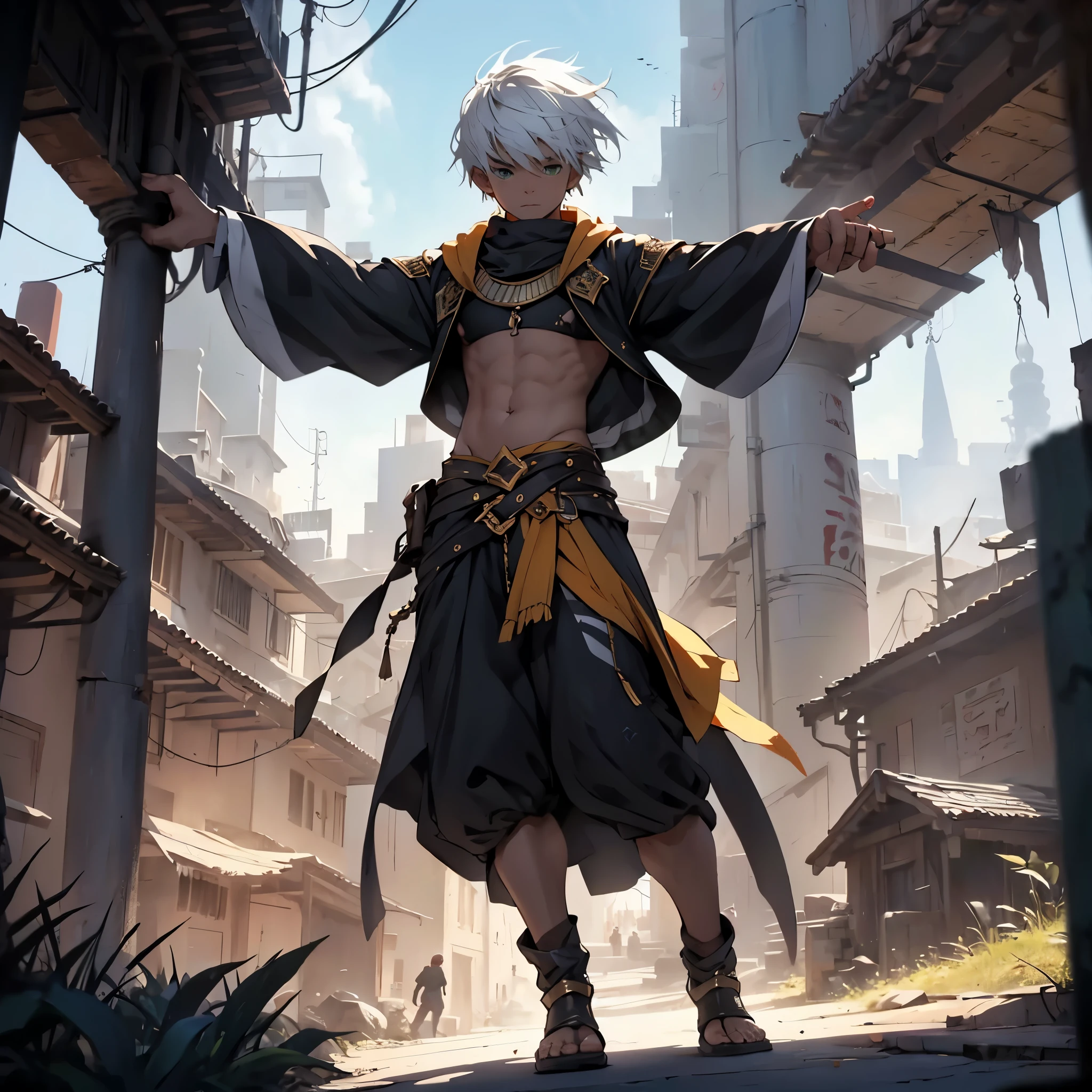 (mejorar las manos ) 16 year old man, white hair, shirtless, wearing short Arab and Egyptian skirts, standing on top of a building looking at the fantasy city in flames., hay caos por todas partes confucion, There are many inhabitants with green hair running scared everywhere, you are breathing from the flames in an epic view., no estilo de anime, paisaje todo ardiendo, apocalyptic