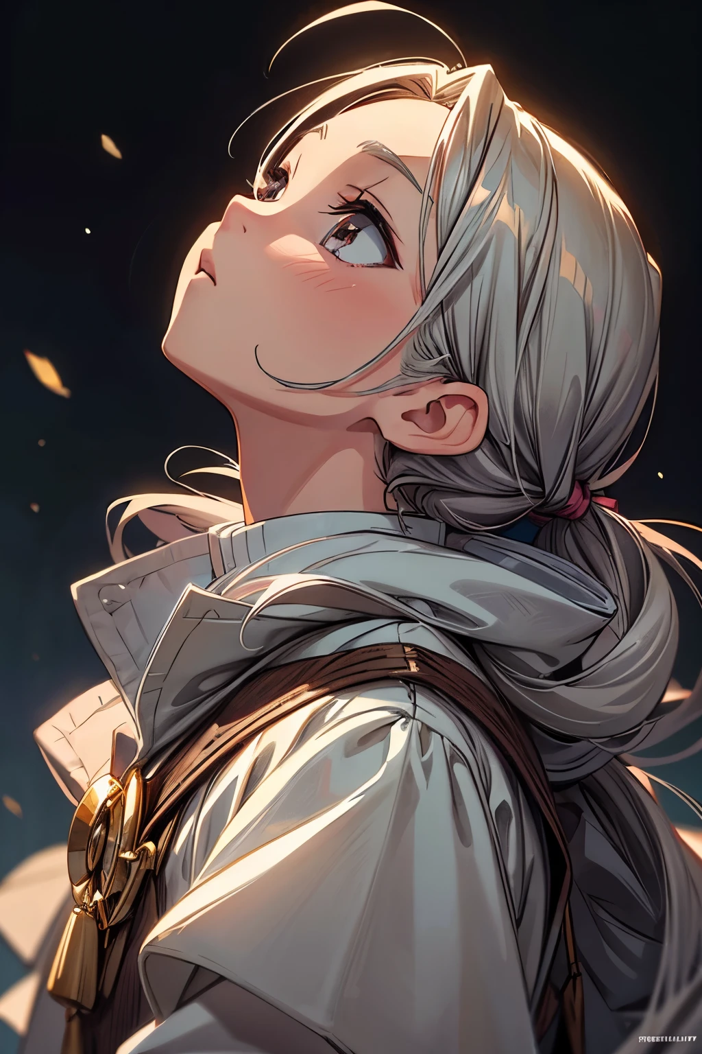 ((Masterpiece)), (Anime:1.3), ((best quality)), (RAW photo: 1.2), (High Definition:1.3), (Professional Photography:1.2), (), profile, from side, silver hair, gold eyes, Gorgeous white clothes, (looking up:1.5), upper body, Fair skin, soft braids, (faint candlelight), hairs in the air,