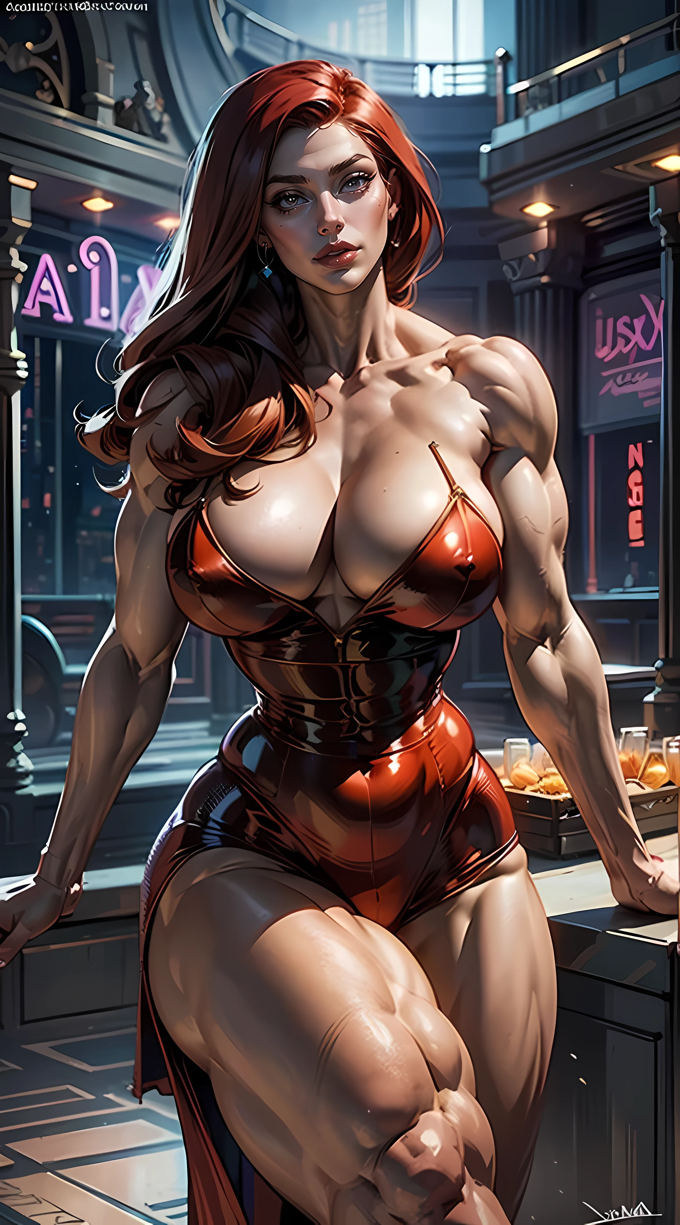 aura ratio NSFW ultra high definition digital illustration, realistic of Disney female character ((Jessica Rabbit:1)), (((Huge breasts))), with a sultry pose and amazing sexy and beautiful curvaceous, (enormous saggy breast), ginger hair girl expression. This is a 90's comic covers to Dc comics illustrated art by (artgerm) image that showcases her allure and confidence. The environment background should be a neon graffitis painted in the walk , vivid colors color, (realistic:1.3),adult explicitly magazine studio, to create a seductive modern atmosphere, slluty look The image should be in the style of a digital illustration, incorporating elements of Frank Frazetta's signature high-quality details. The illustration is like to shot, captured with a 75mm+ lens, will provide an intimate and realistic view. The lighting should be to global & lumen illumination, emphasizing the contours of her figure and sexy seductive Jessica rabbit The desired level of detail is high exceptionally in the best queality, with a 16K resolution, highlighting every curve and realistic texture. The goal is to create an enchanting image that captivates viewers with its sensuality luxury, ((long legs)), ((wide hips)), ((((Muscular Quadriceps)))), (((((Massive Female Bodybuilder))))).