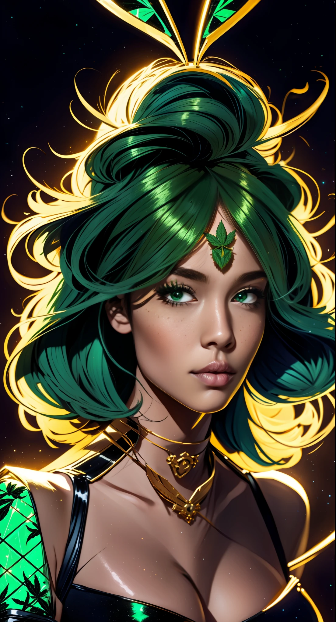 A closeup of a woman with a marijuana leaf on her head, personification of marijuana, Jen Bartel, maconha!, Tema Maconha, in illustration style digital, inspirado por Mary Jane Begin, extremely high quality artwork, matte digital illustration, Maria Jane, asymmetrical marijuana, maconha, Arte Digital. @mariomaniacdude, erva daninha, paranoia da cannabis, green hair, floating hair, glowing eyes, star-shaped pupils, rabbit ears, smelling, glowing light, backlighting, first-person view, wide shot, Ultra-Wide Angle, Sony FE, masterpiece, ccurate, anatomically correct, textured skin, high quality, high details, super detail, highres, HD, 4K, 8k, 16k